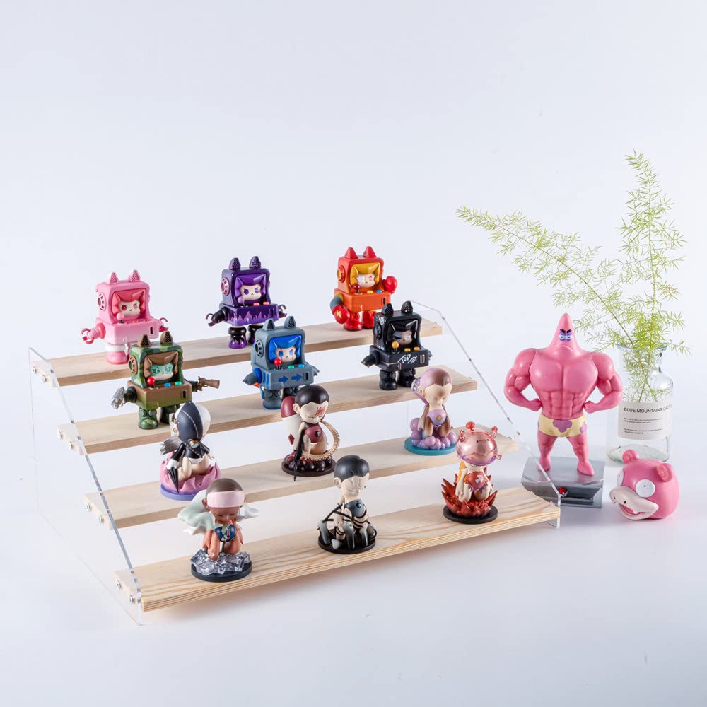 PACKGILO 4 Tier Acrylic Display Stand for Figures Wooden Risers for Display Case Craft Fair Acrylic Cupcake Stand for Dessert Table Top Jewelry Displays for Craft Shows Cologne Perfume Shelf (SMALL)
