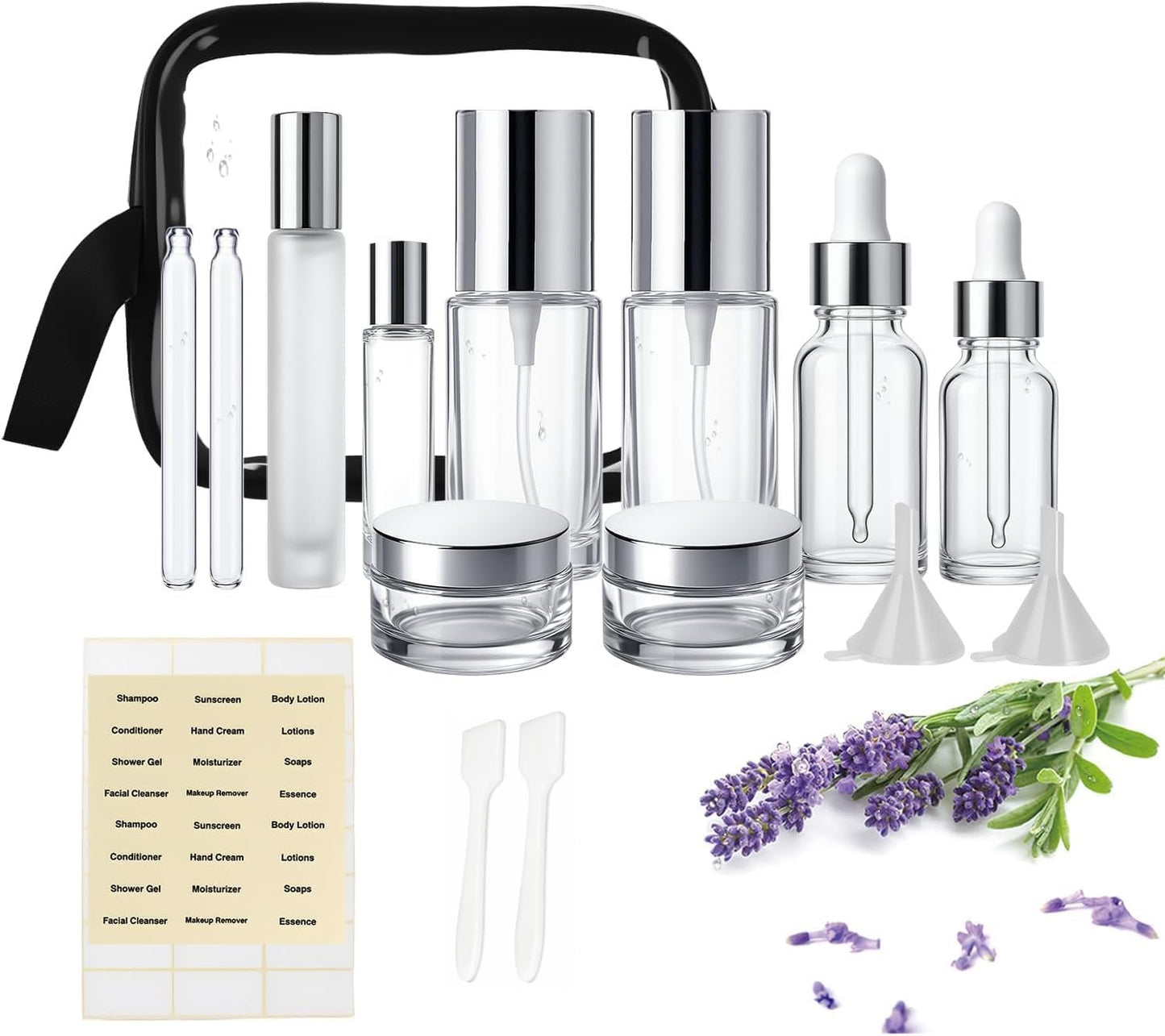 18Pack Glass Travel Bottles for Toiletries, TSA Approved Glass Travel Containers 1.35/0.7/1 oz Silver Small Travel Bottles with Label, BPA Free Leak Proof with Pump Spray Bottles for Makeup, Skincare