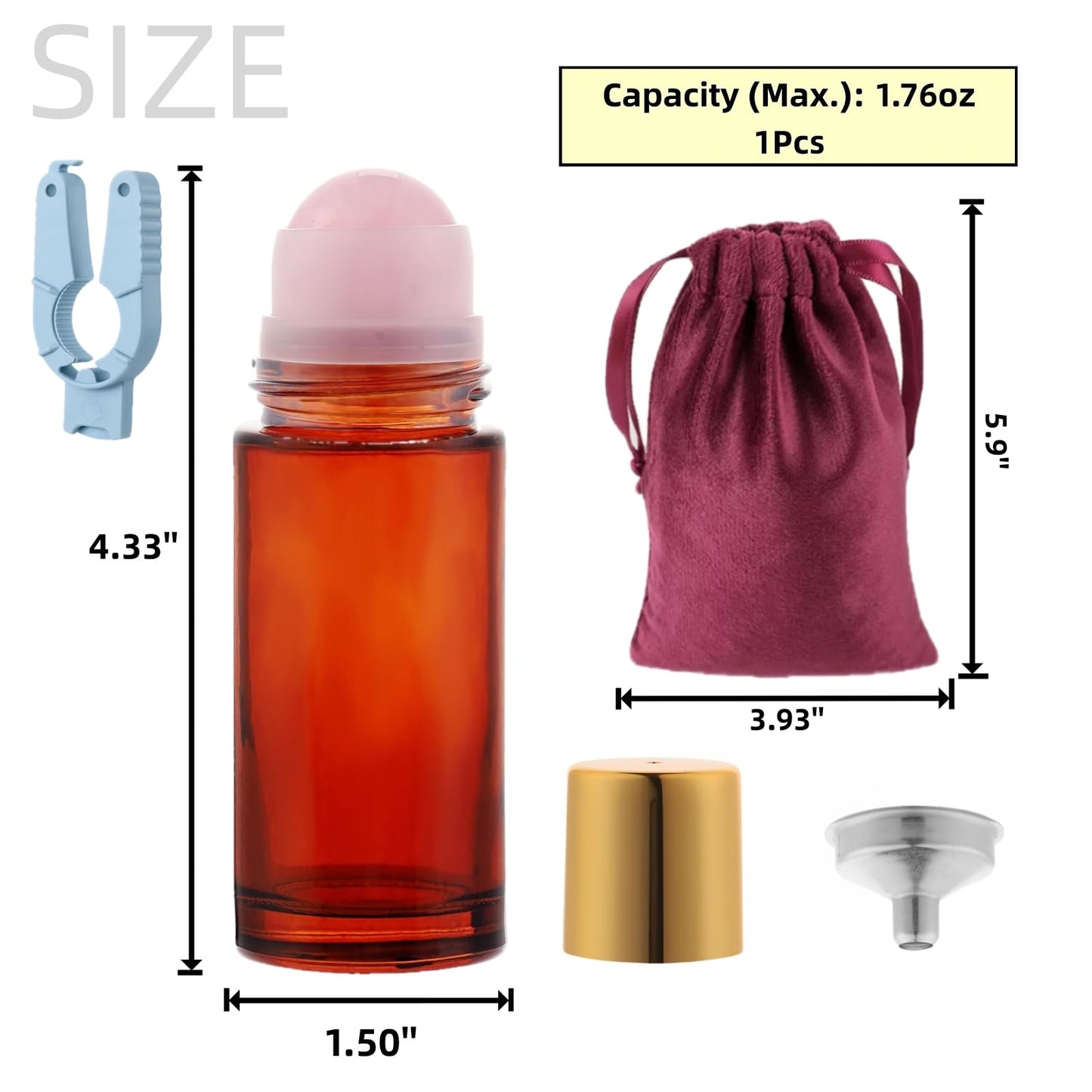 Roller Ball Applicator,Rose Quartz Roller Bottle,50ml Refillable Amber Glass Roll On Bottles with Natural Crystal Roller Balls,Leak-Proof Travel Perfume Bottle with Gold Caps (Pink+Green)