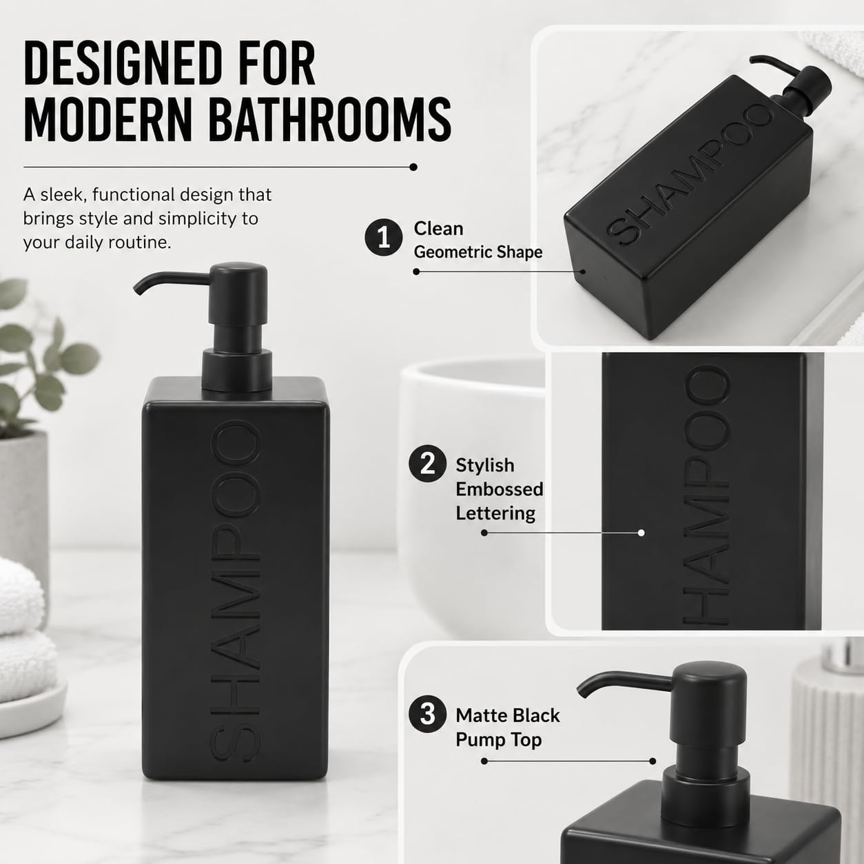 Indecor Home Rectangular Resin Dispenser Premium Bathroom Shampoo Conditioner Body Wash Bottle Modern Refillable Pump Design