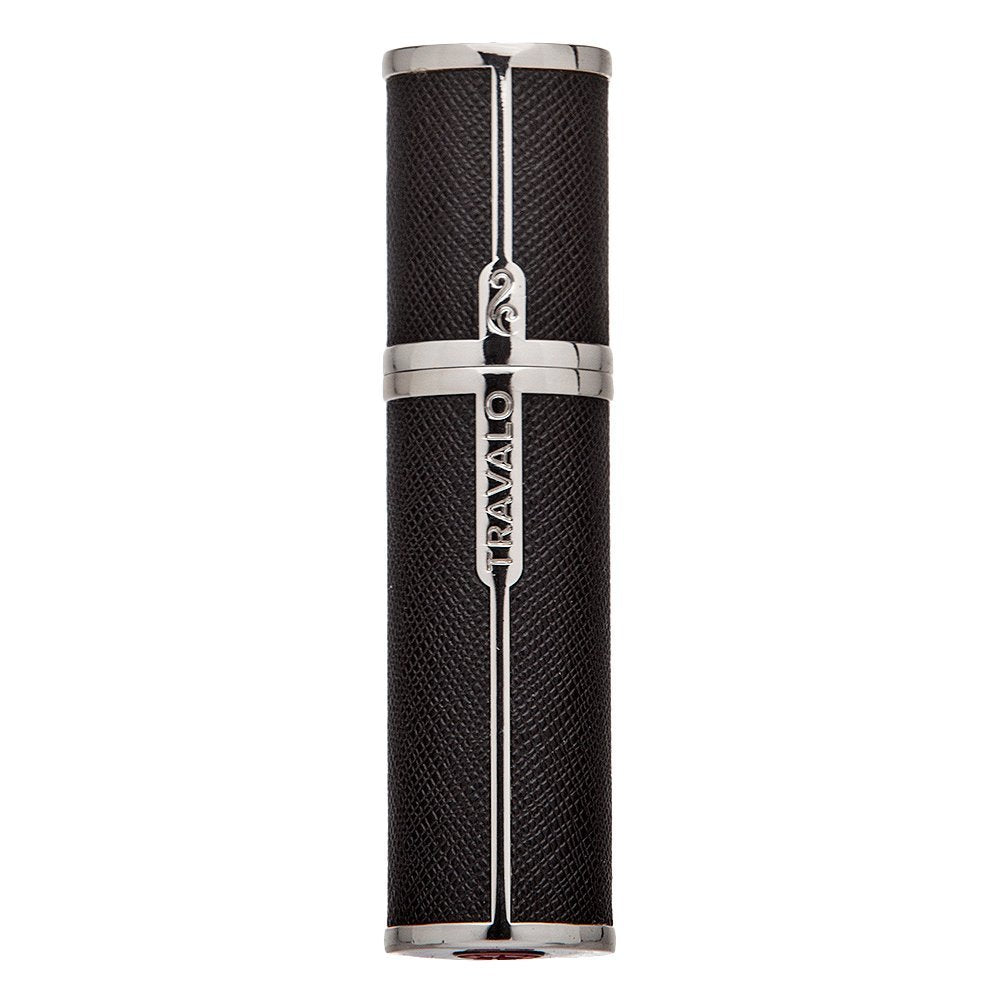 Travalo Milano Perfume Atomizer - Leak-Proof and TSA Approved for Air Travel - Reusable, Airtight, Easy Fill Mini Pump Sprayer - Lightweight Vegan Leather with Polished Metal Outer Shell - Black