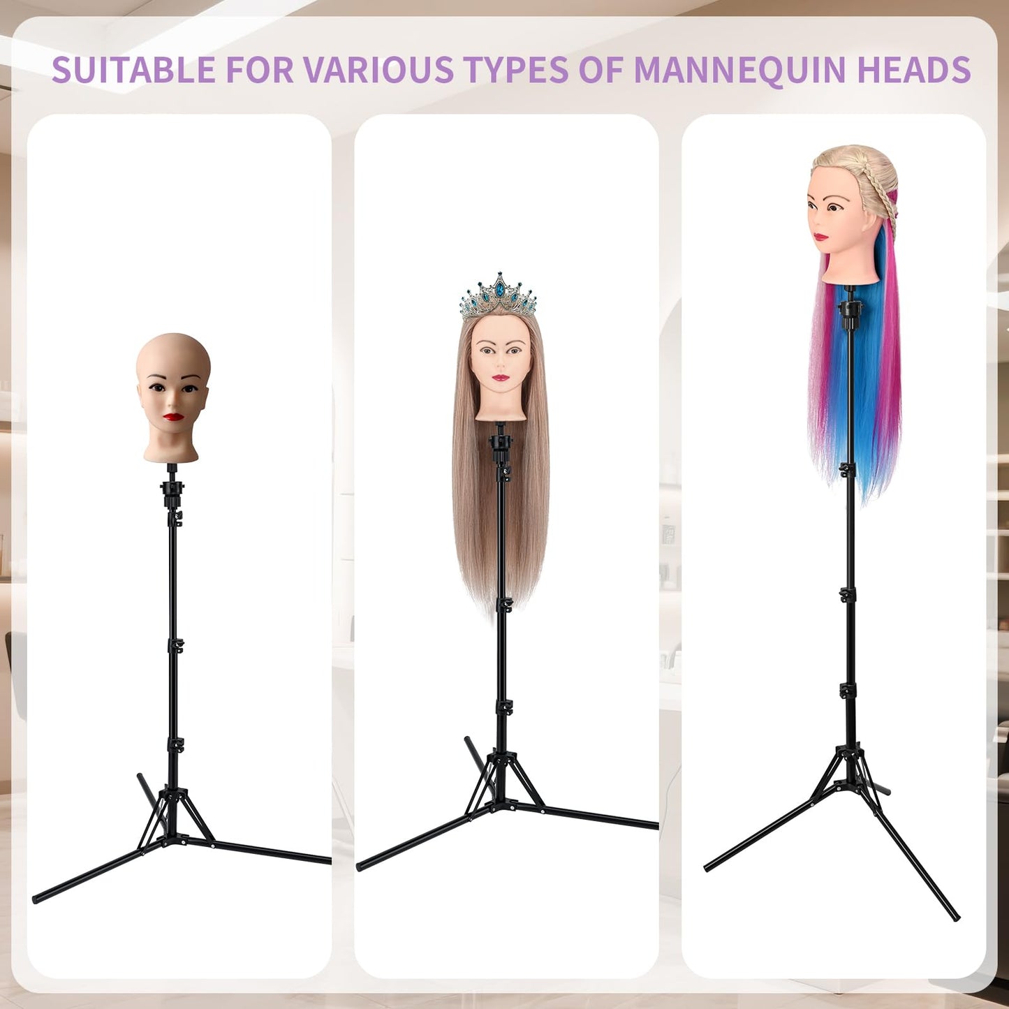 Aofadaning Mannequin Head Stand,Adjustable Wig Stand Tripod Height Adjustment(20-60Inch) Reinforced Metal Mannequin Stand For Cosmetology Hairdressing Training With Free One Wide Tooth Comb