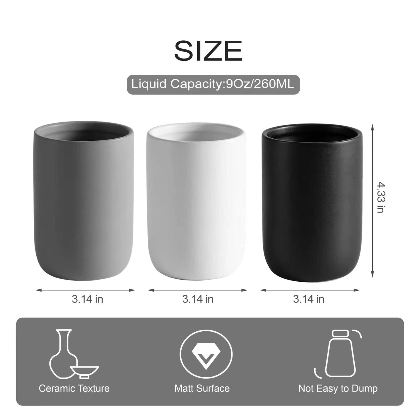 CAZAGA Ceramic Toothbrush Holders for Bathrooms, 8 oz Matte Tooth Brushing Dispenser, Small Tooth Brush Organizer for Vanity Countertop, Toothpaste Storage Stand, Tumbler Cup for Makeup Brushes-Black