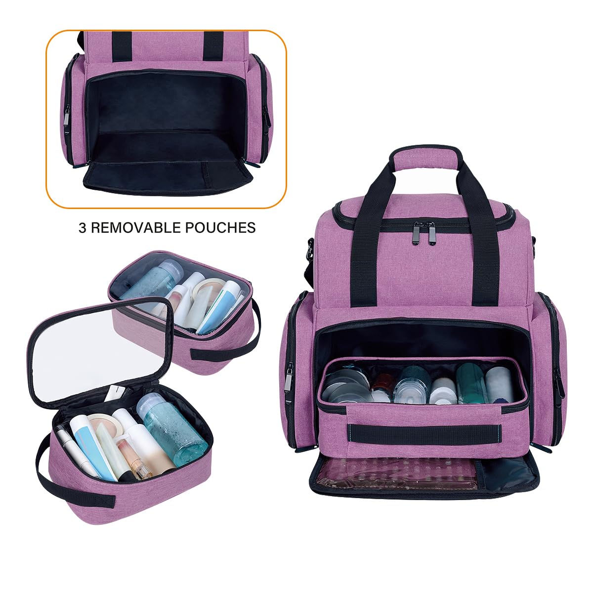 UOZL Large Makeup Cosmetic Bag with 3 Removable Case and 2 Removable Dividers Double Layer Travel Storage Organizer, Makeup Brushes Storage Section Purple