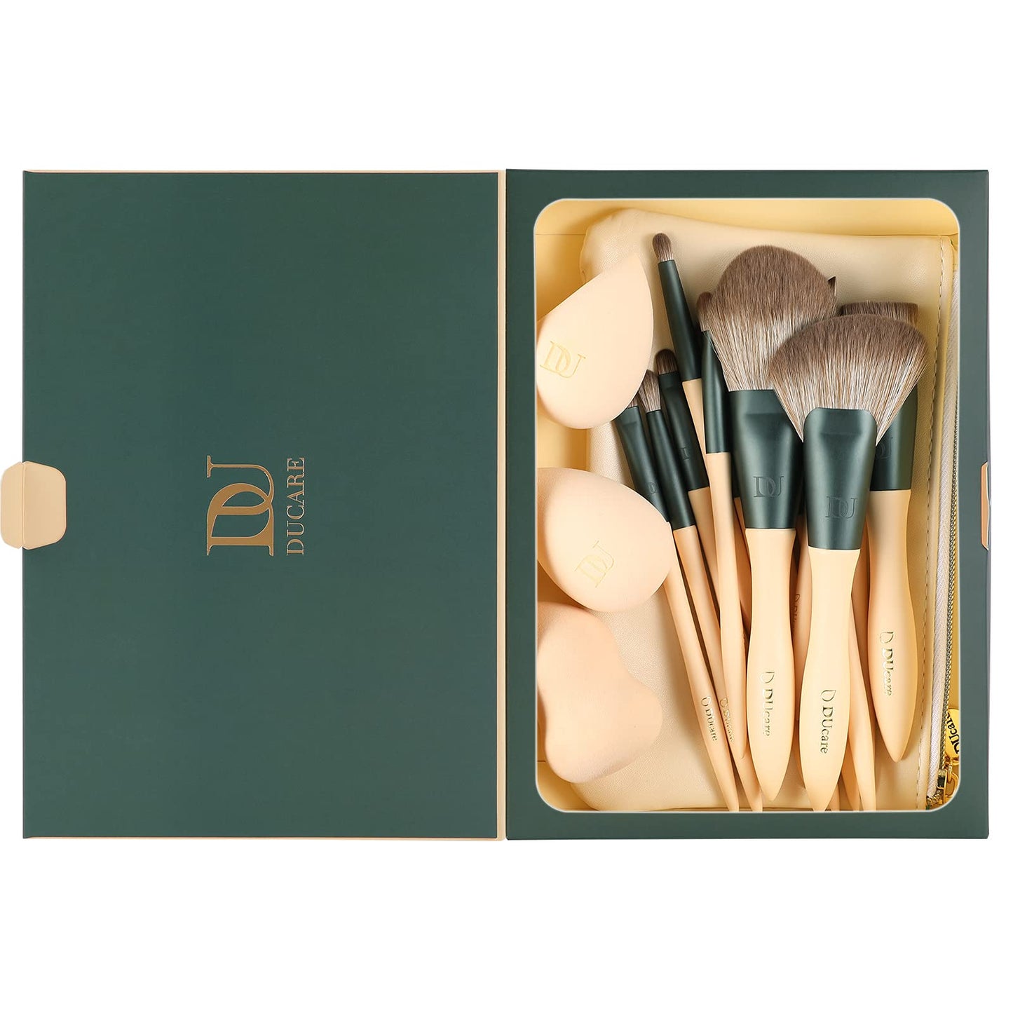 DUcare Makeup Brushes 14Pcs with 3Pcs Makeup Spong & Cosmetic Bag& Folding Vanity Mirror with Stand