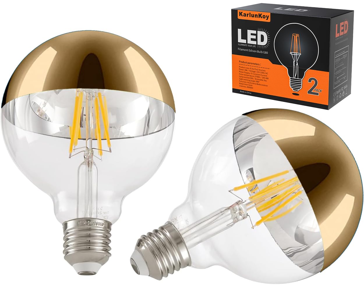 KarlunKoy Large Half Gold Light Bulb,8W (80W Equivalent) Dimmable LED Edison Bulbs,G95/G30 Globe Decorative LED Bulb Half Chrome Reflected Light 2700K Soft White E26 Base Pack of 2