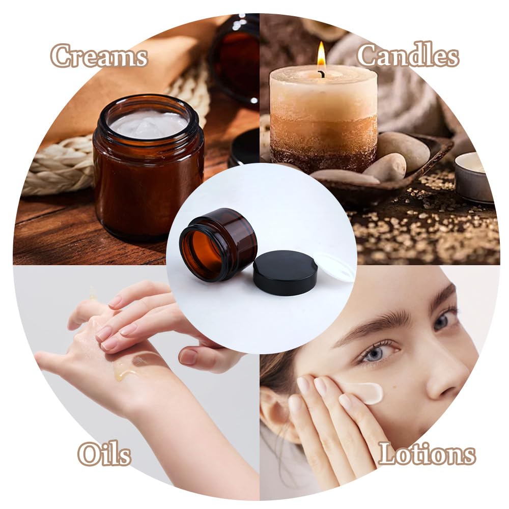 8PCS Amber Glass Jars, 1oz/2oz Cosmetic Containers with Inner Liners and Lids, Empty Round Sample Container with Label, Refillable Travel Jar for Cosmetics, Lotions, Creams