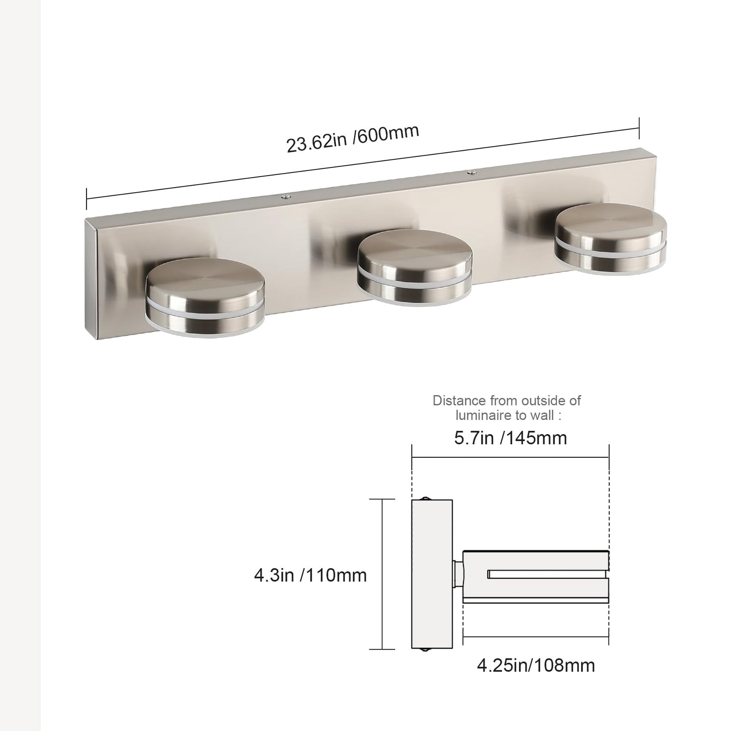 Bicrink Brushed Nickel Bathroom Vanity Light, (24in Dimmable) 3-Light Bathroom Light Fixtures Over Mirror, LED 5500K Vanity Lights with 360°Rotating Lamp Head