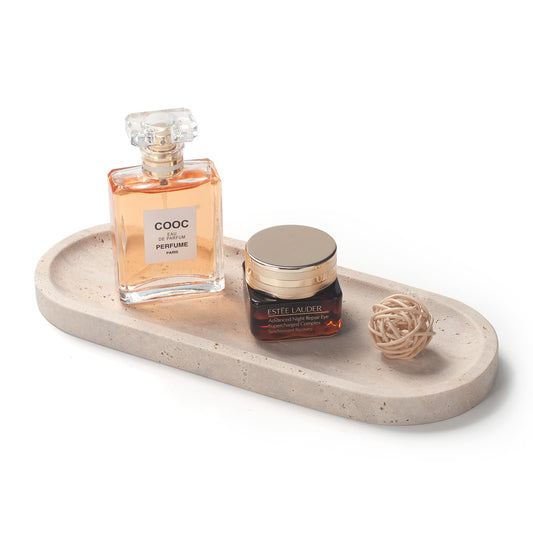 Oval Travertine Stone Tray for Jewelry, Candles, Perfume, Decorative Marble Bathroom Tray for Countertop Organizer 9.8inch x 3.9inch x 0.7inch