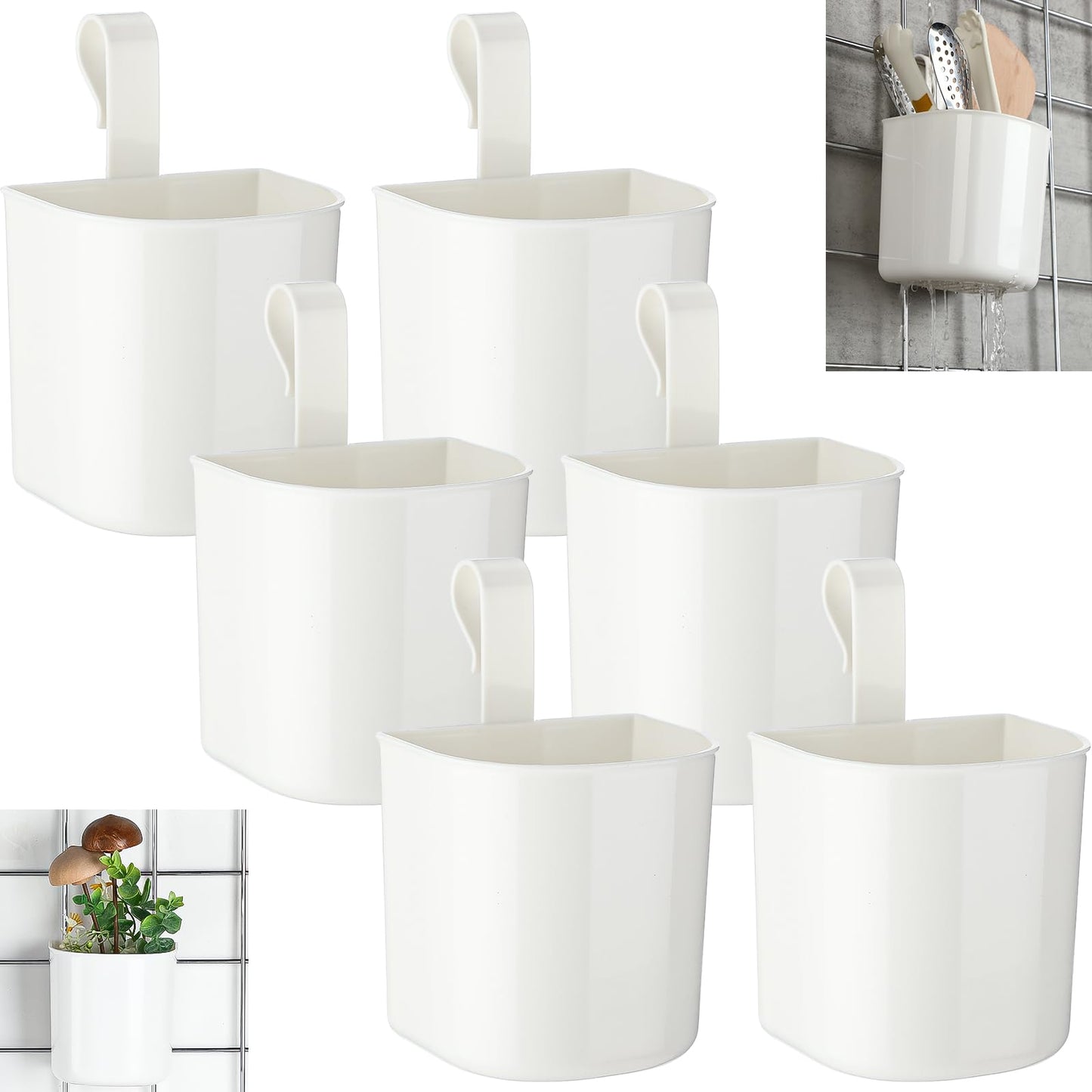 Threehoney 6 Pcs Grid Wall Baskets for Storage Grid Panel Accessories Hanging Bins Gridwall Cups for Kitchen and Bathroom, Hanging Baskets for Organizing, White