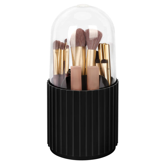 JessLab Makeup Brush Holder Organizer with Lid, 360 Degree Rotatable Spinning Cosmetics Holder Display for Bathroom Vanity Countertop, Black