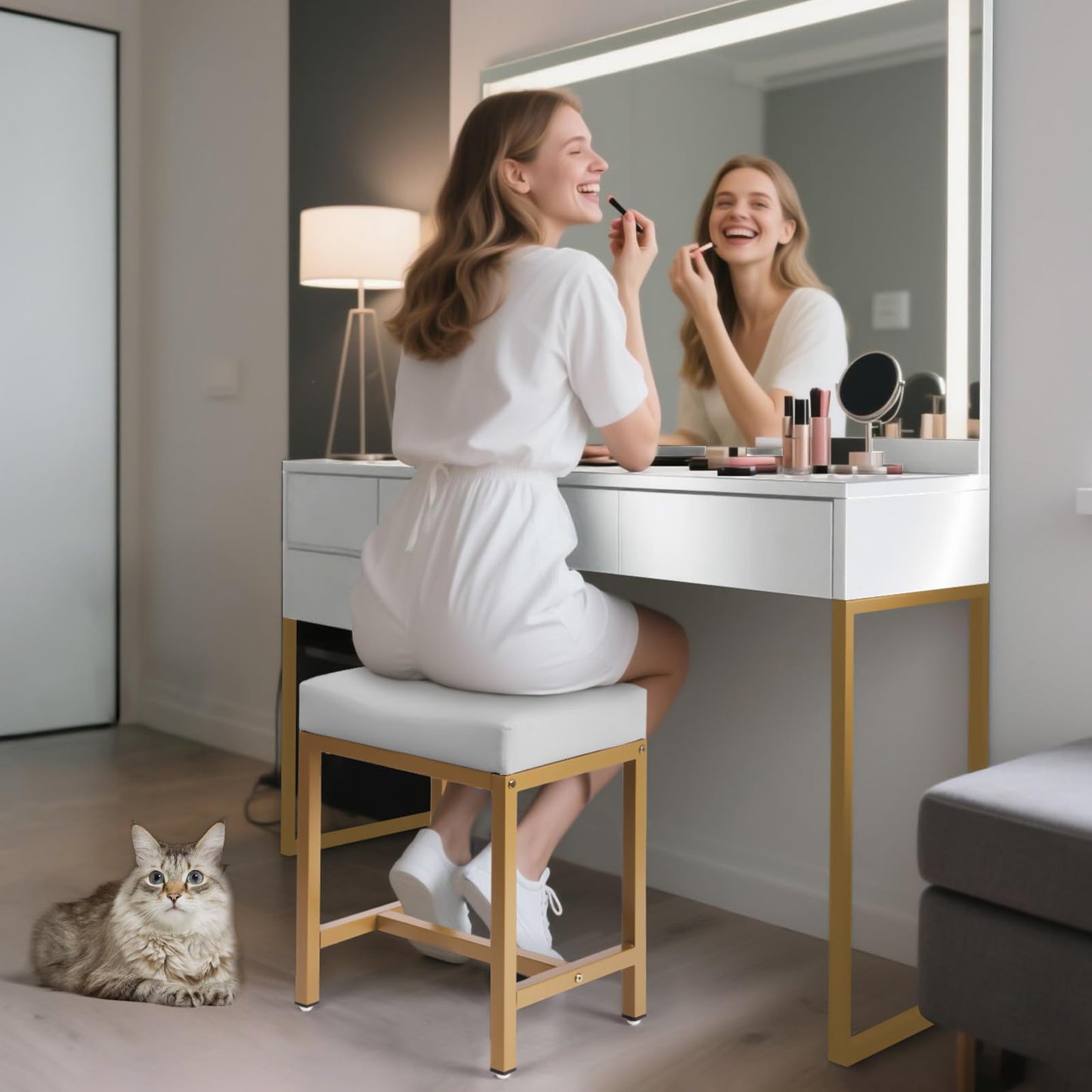 FLYZC Saddle Seat Vanity Stool, Makeup Stool Chair with Metal Leg, U-Shaped PU Leather Ottoman Foot Rest, Small Square Chairs Under Desk for Vanity, Living Room, Modern Makeup Bench White&Gold