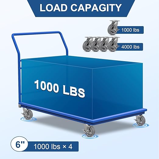 6 Inch Rubber Wheels (Flat Tread)- Heavy Duty Casters, Industrial Caster Wheels- with up to 1000 LB Capacity- Use for Dollies, Utility and Maintenance Carts(12 Brake)