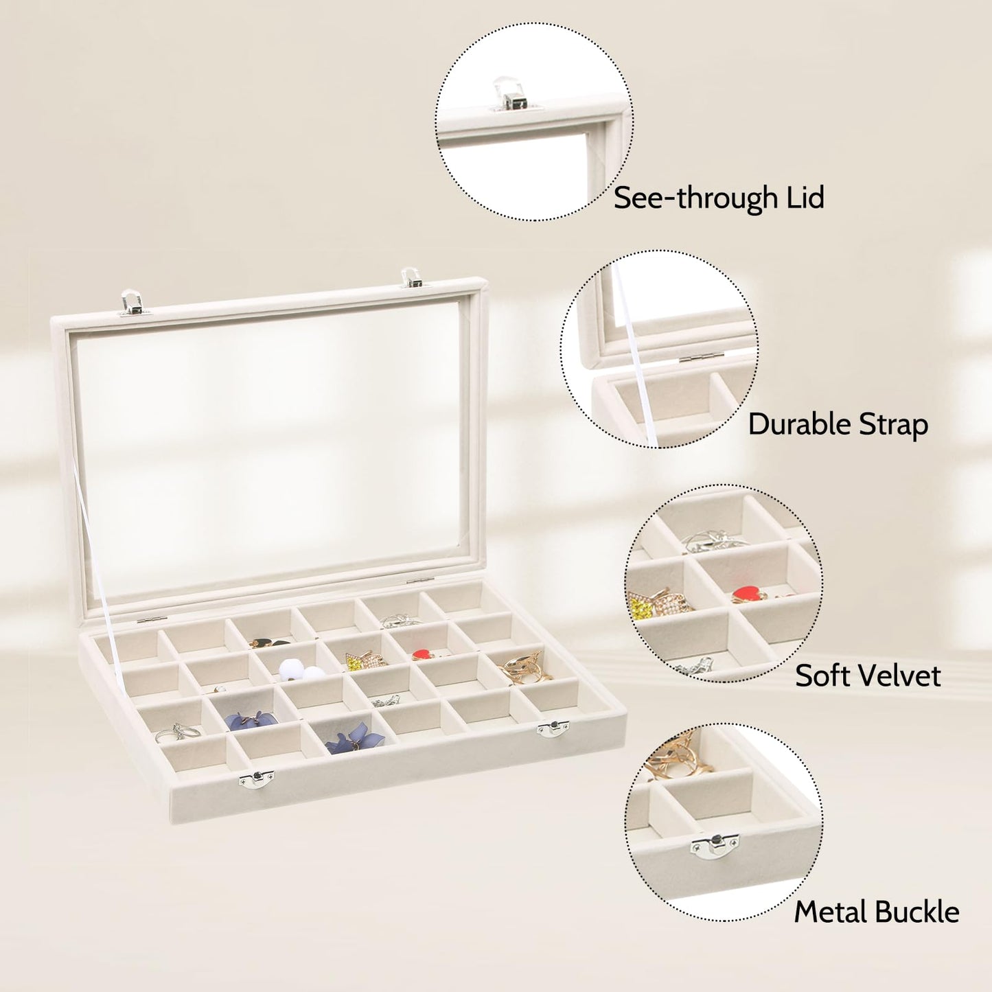 Stratalife Jewelry Organizer Jewelry Tray with See-through Lid 24 Grids Earring Display Showcase Large Velvet Storage Box for Earring Necklace Rings Dice Beige