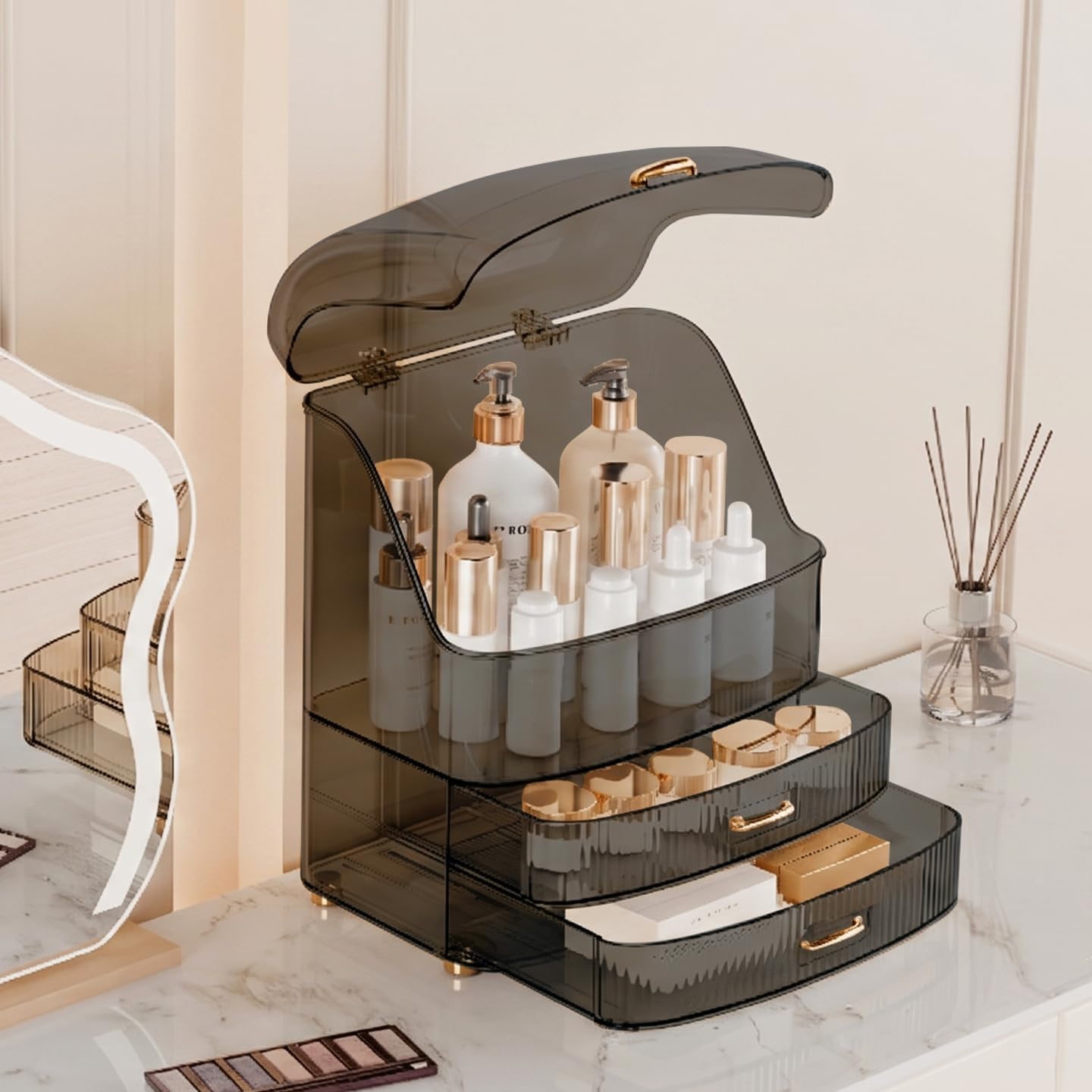 Plukers Makeup Organizer Countertop Vanity with Transparent Lid Drawers Waterproof Dustproof Cosmetic Skincare Bathroom Storage Gift for Women Teens Girls (Clear Black)