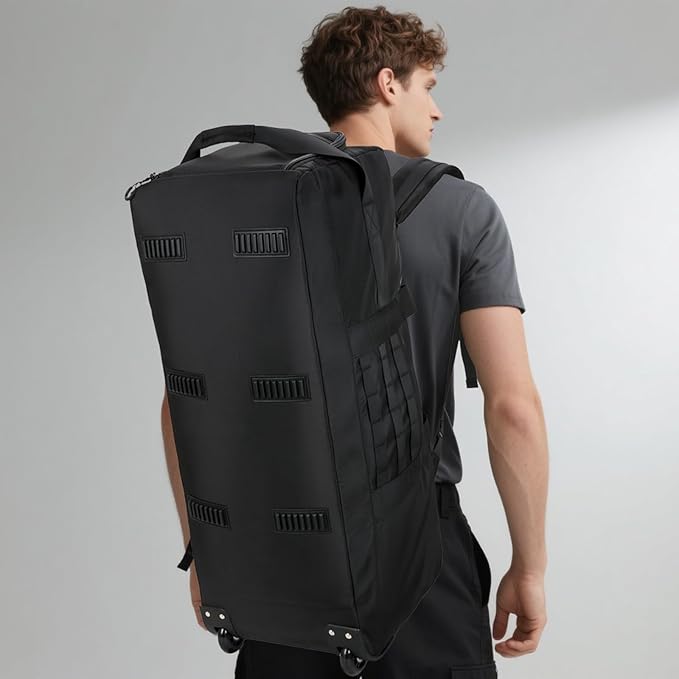 80L Waterproof Rolling Duffel Bag with Quick-Release Straps, Military Tactical Wheeled Foldable For Deployment Traveling Camping Sporting (Black+Drawstring bag)