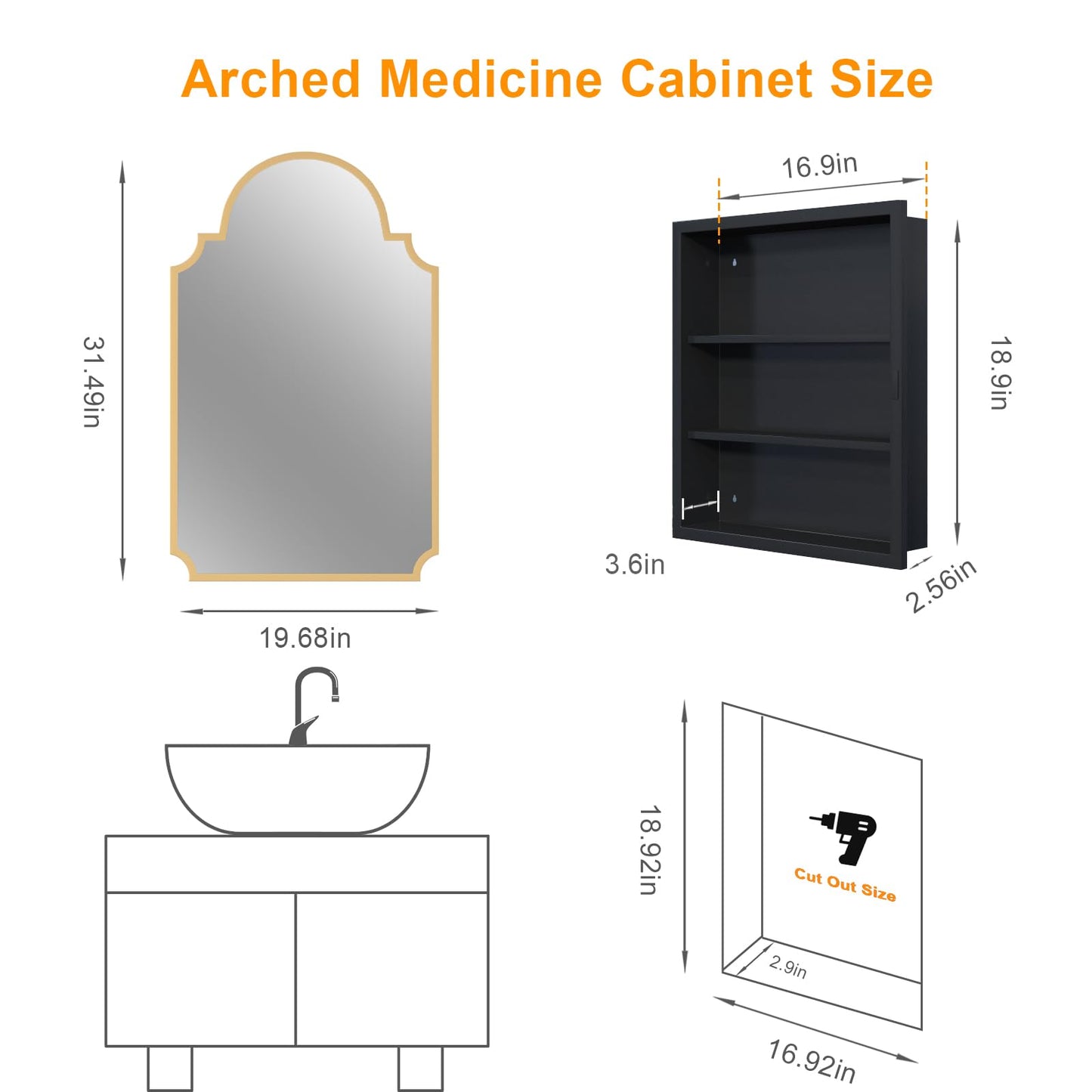 20"x32" Medicine Cabinet with Mirror, Recessed and Surface Mount Medicine Cabinets for Bathroom, Bedroom, Full Metal, Unique Art Arched Mirror with Storage, 2 Shelves and 1 Organizer Box, Bling Gold