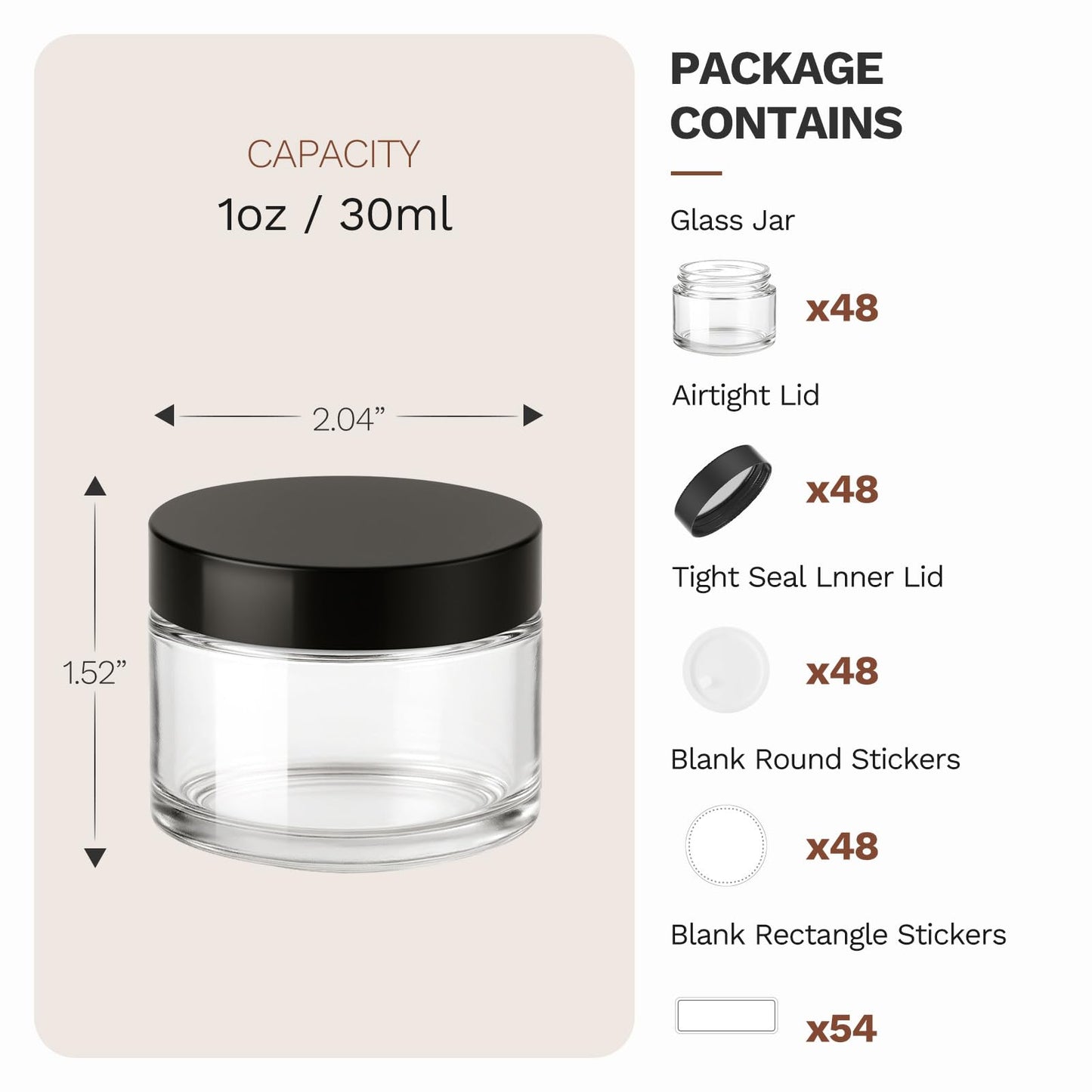 1 oz Small Glass Jars, Bumobum 48 pack Empty Round Clear Jars with Black Lids, White Labels & Inner Liners, Mini Cosmetic Containers for Cream, Lotion