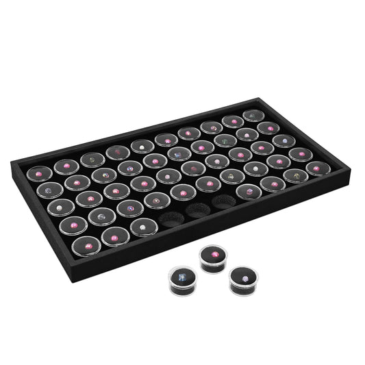 Ikee Design Black Foam Gem Jars Showcase Stackable Display Tray for Collectibles, Home Organization Storage Box with 50 Gemstones and Bead Storage Jars