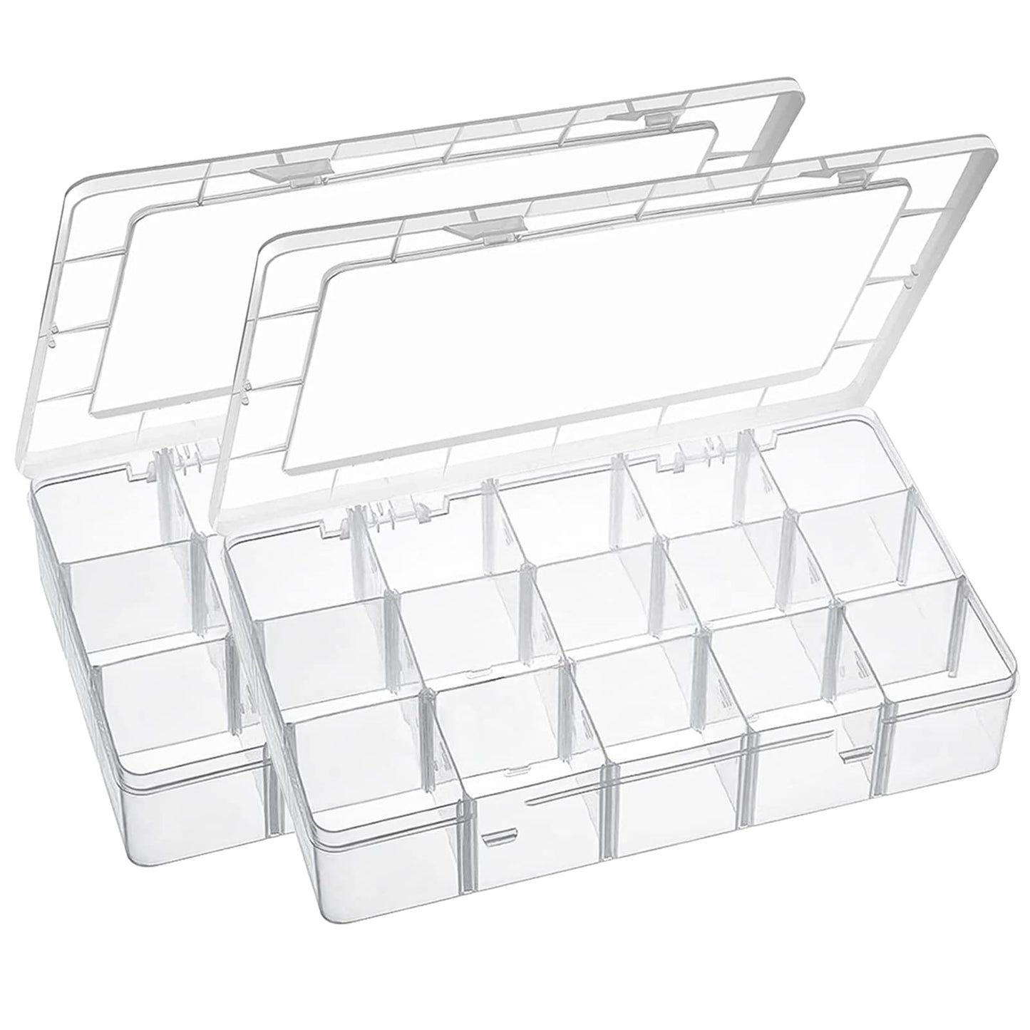 Exptolii 15 Large Grids Plastic Organizer Box with Dividers, 2 Pack Clear Compartment Container Storage for Washi Tapes Beads Crafts Jewelry Fishing Tackles, Size 11 x 6.3 x 2.2 in