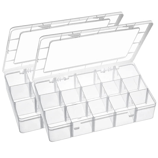 Exptolii 15 Large Grids Plastic Organizer Box with Dividers, 2 Pack Clear Compartment Container Storage for Washi Tapes Beads Crafts Jewelry Fishing Tackles, Size 11 x 6.3 x 2.2 in