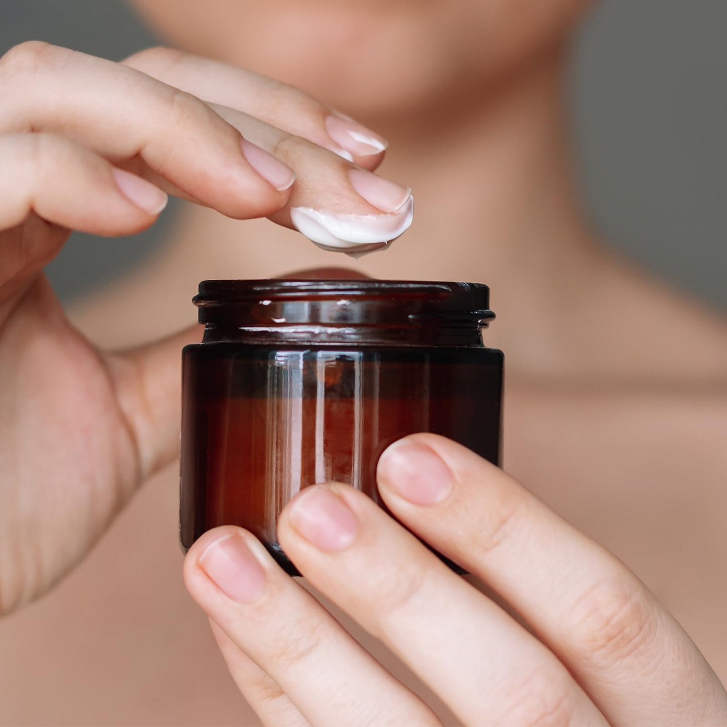 OverNews 2oz Amber Glass Jar Travel Size, 45PCS Empty Cosmetic Lotion Container with Black Lid & Spatula, Small Mini Jar for Beauty (Amber)