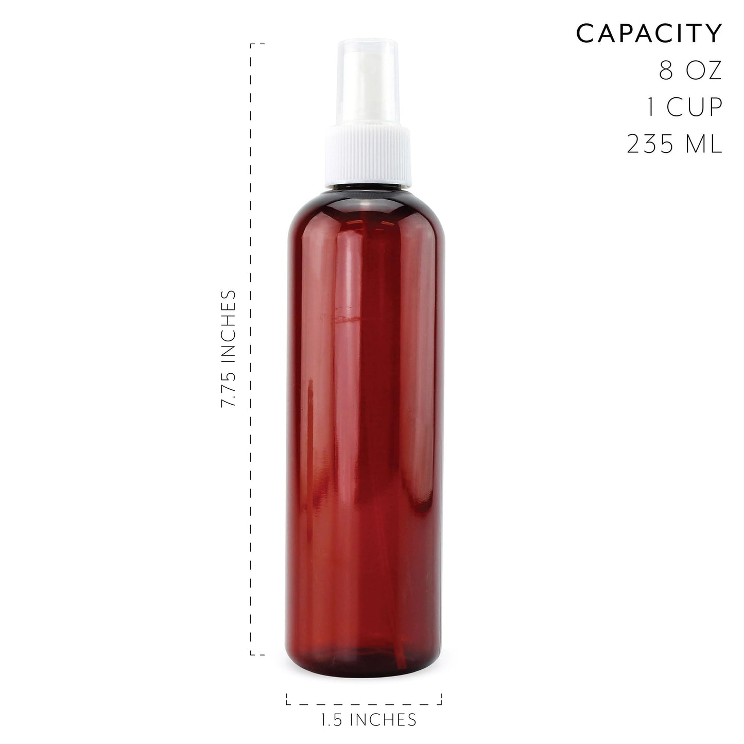 Cornucopia Brands 8oz Amber Brown Plastic Spray Bottles with White Fine Mist Atomizers (Pack of 6) Brown Plastic Spritzer Bottles
