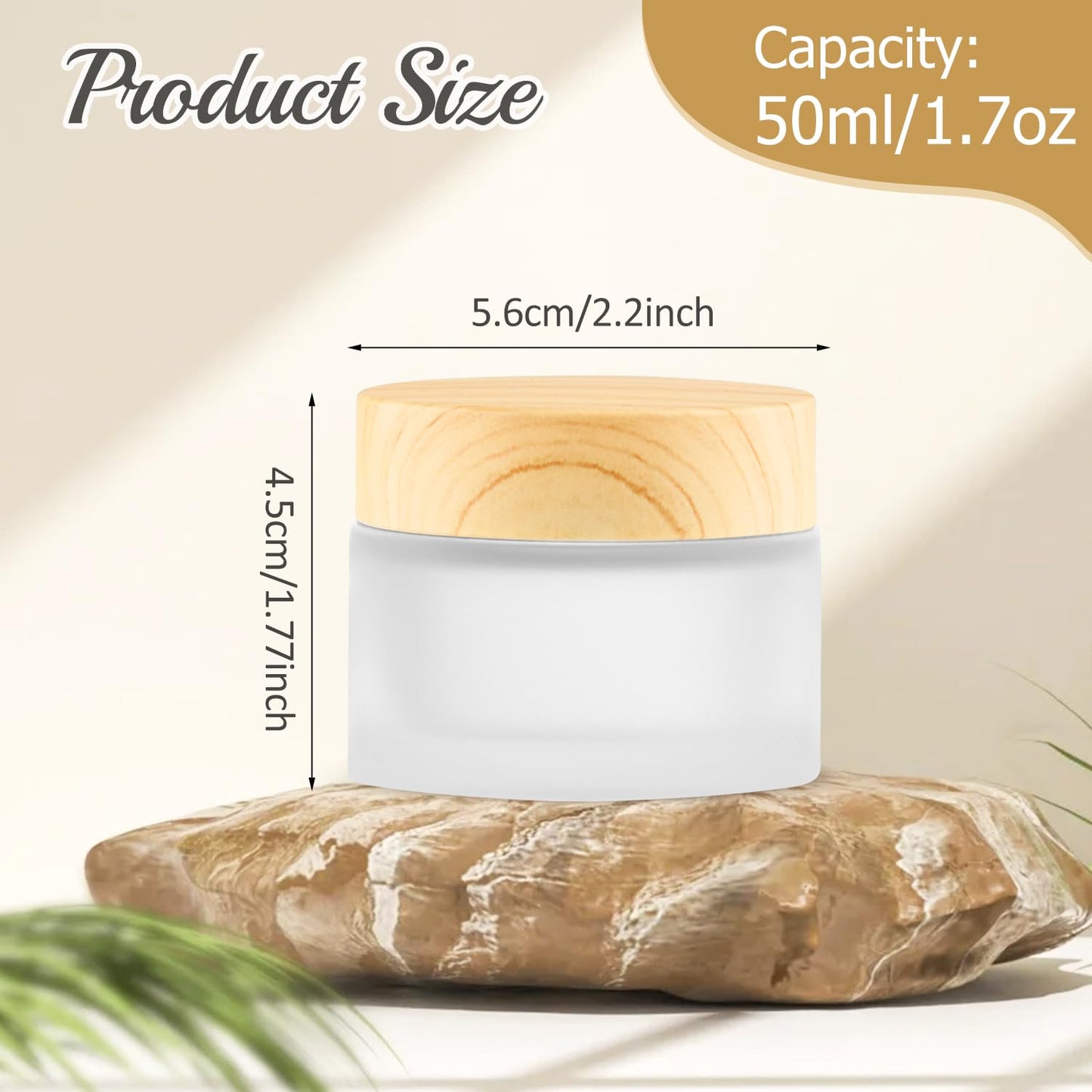 8 Pcs 50ml/1.7oz Cosmetic Containers Frosted Glass Jar Empty Leakproof Sample Jars with Wood Grain Printed Lids & Inner Liner for Cream Lotion Toiletries Lip Balm Makeup