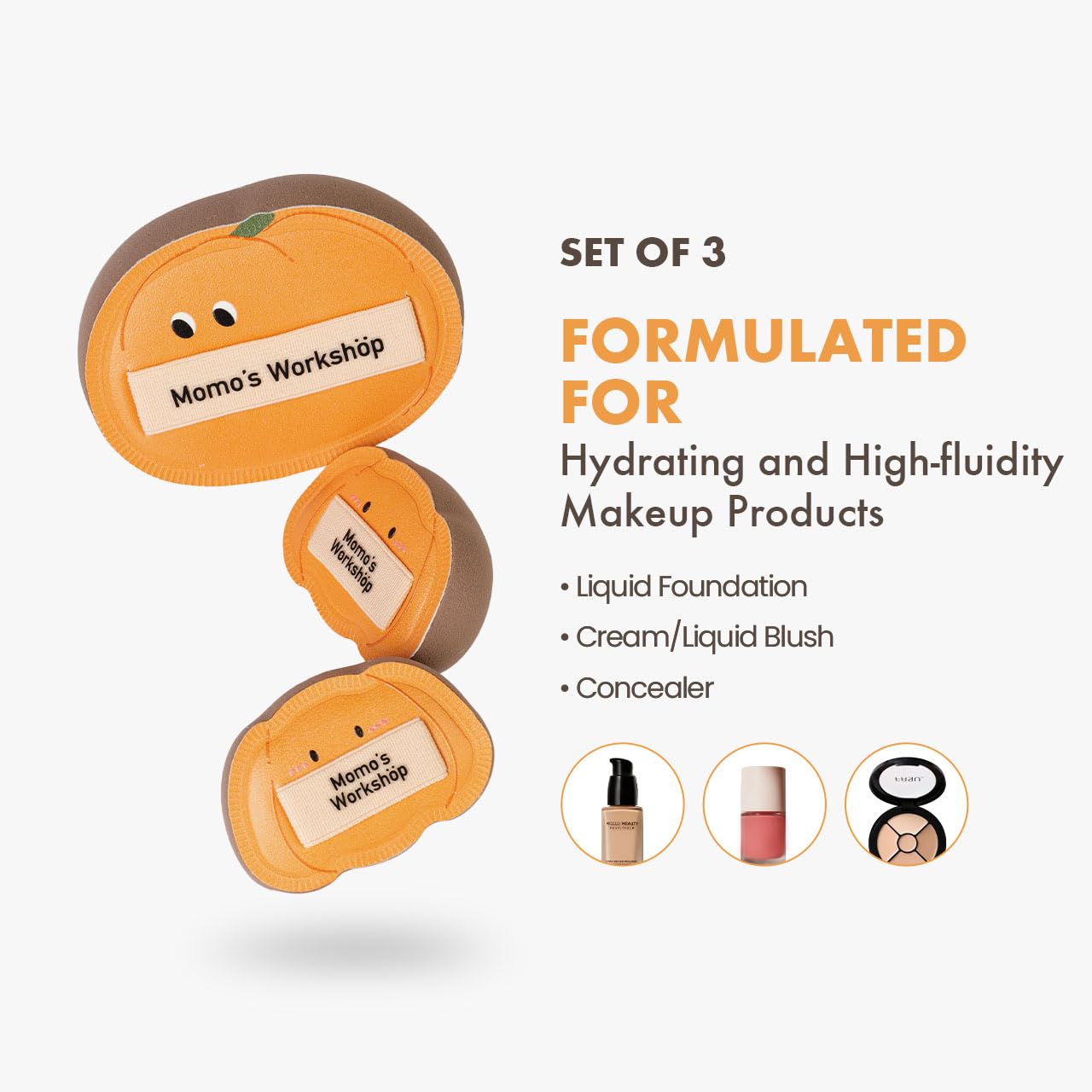 Momo's Workshop Pumpkin Makeup Sponge 3Pcs Rubycell Large+2Mini for Foundation & Concealer