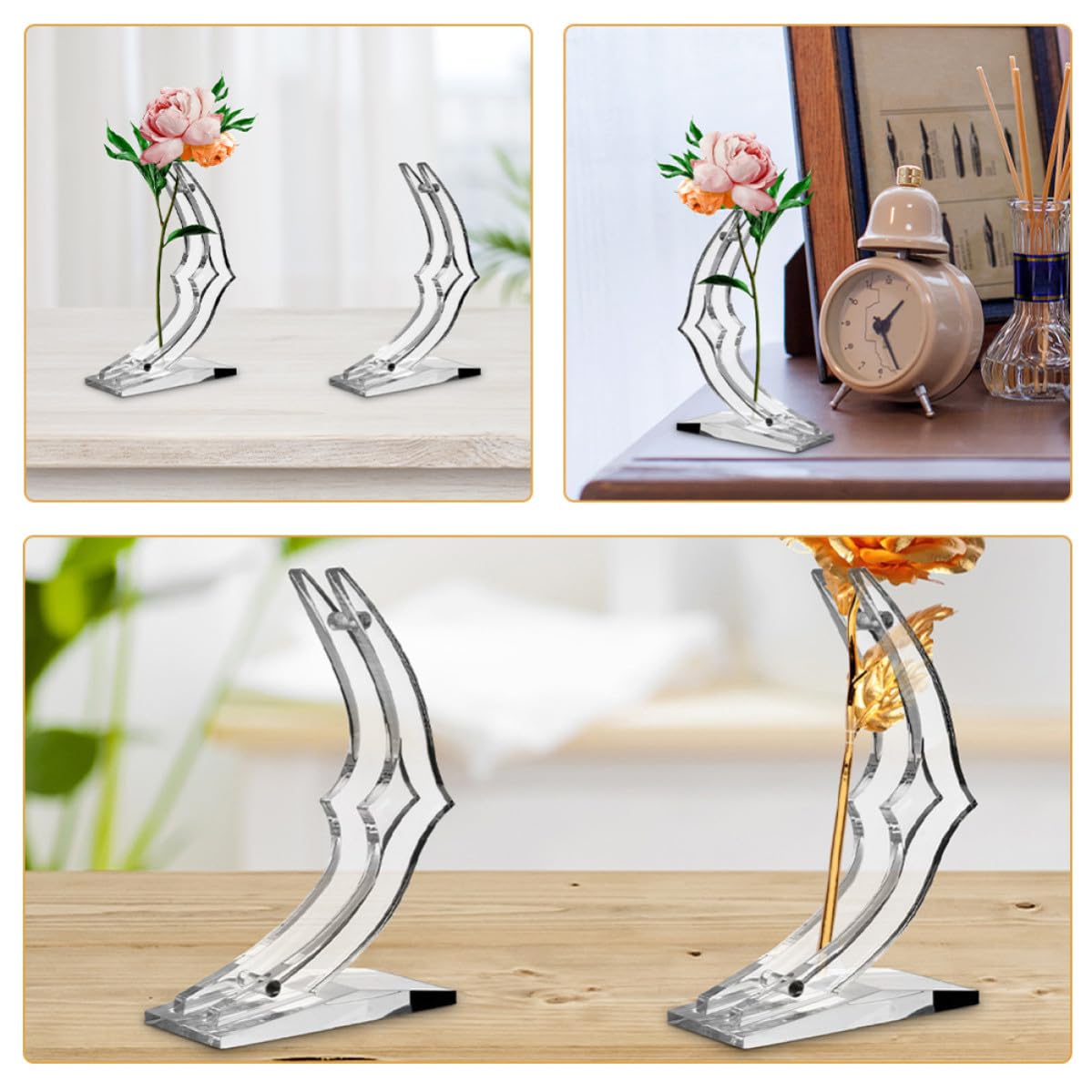 KJHBV 4pcs Acrylic Single Stem Rose Display Stands with Moon-shaped Base, Sturdy Structure Preventing Tipping, Flower Holders for Home Decor and Valentine's Day Floral Arrangements