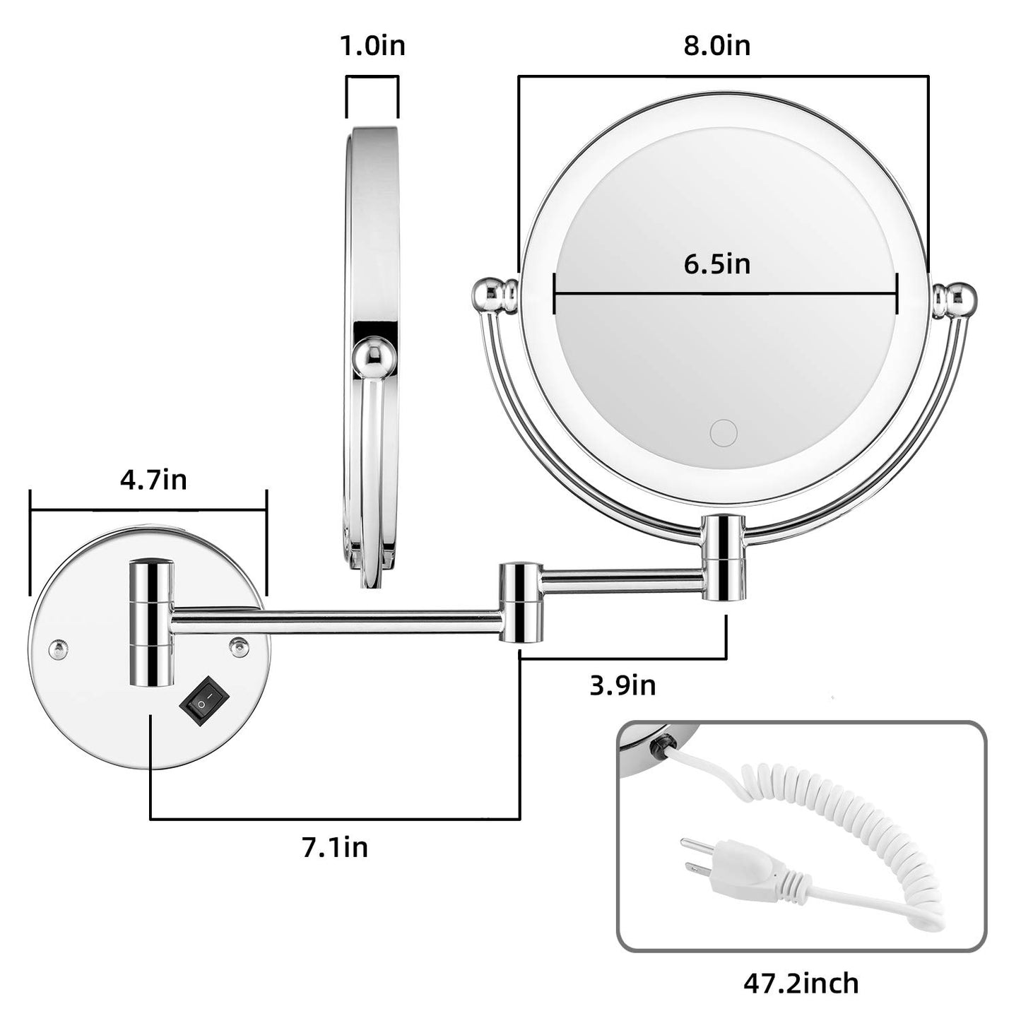8" Wall Mounted Lighted Makeup Mirror, Double-Sided 1X/5X Magnifying Vanity Mirror with 3 Color LED Lights, Stepless Dimming Touch Control, 360° Swivel & Extendable Arm, Plug-in Powered, Chrome