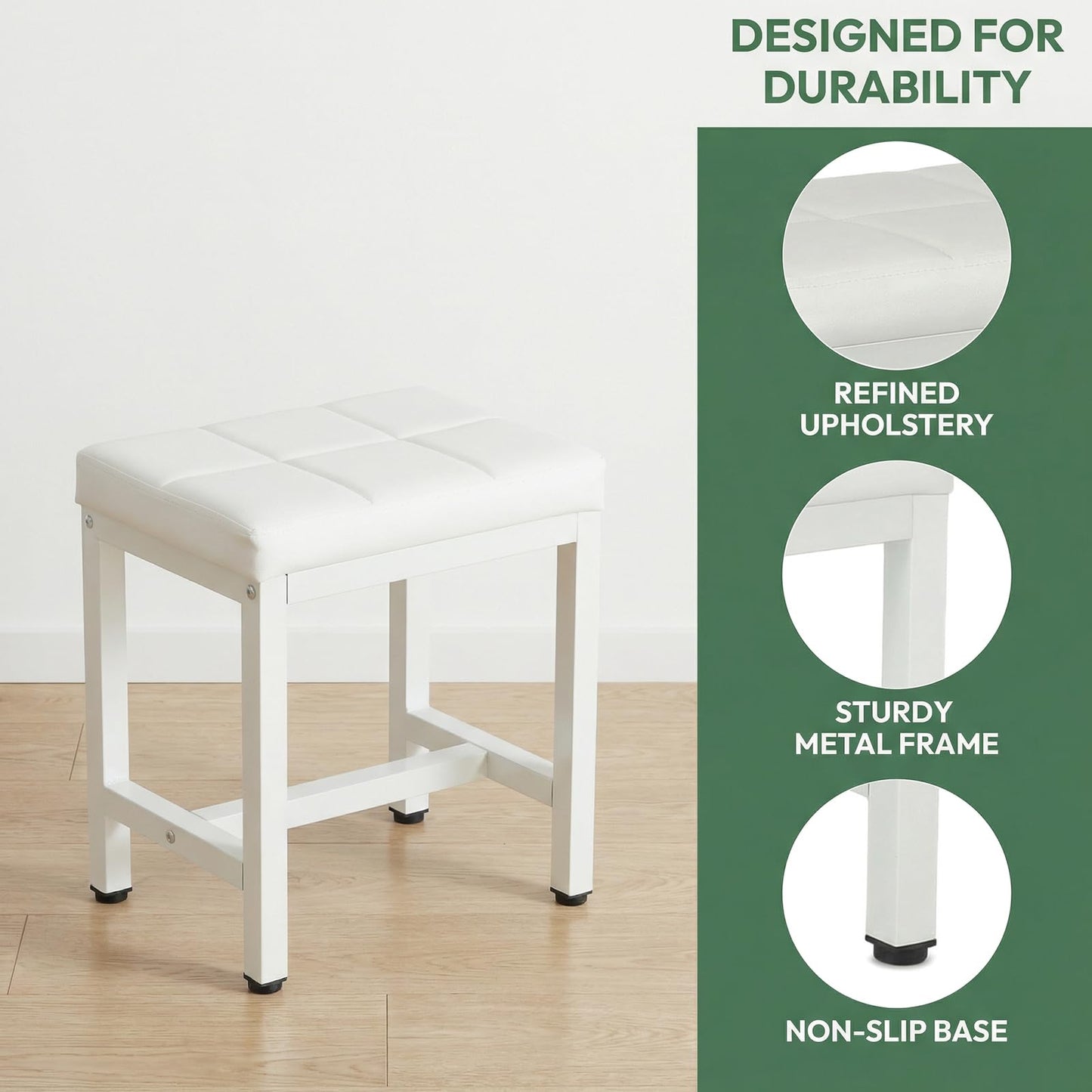 FLYZC Vanity Stool Chair, Square Faux Leather Makeup Chair with Metal Legs, Cute Small Ottoman Vanity Bench, Foot Stool Chair for Vanity for Bedroom, Living Room, Bathroom, White