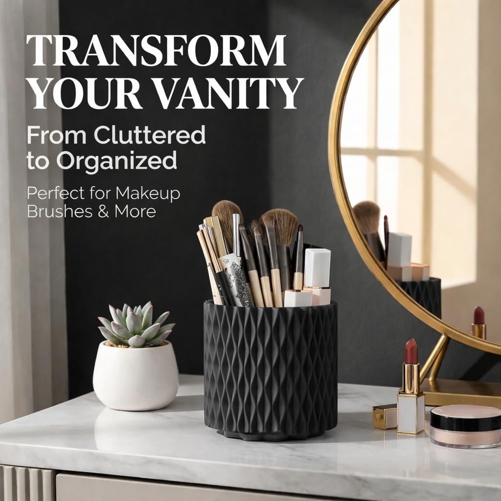 Imakmasion Makeup Brush Holder Organizer, 360° Rotating 5-Slot Make up Brushes Cup for Cosmetic, Lipstick, Hair Brush Holder - Spinning Vanity Countertop Caddy for Bathroom, Dorm & Office, Black