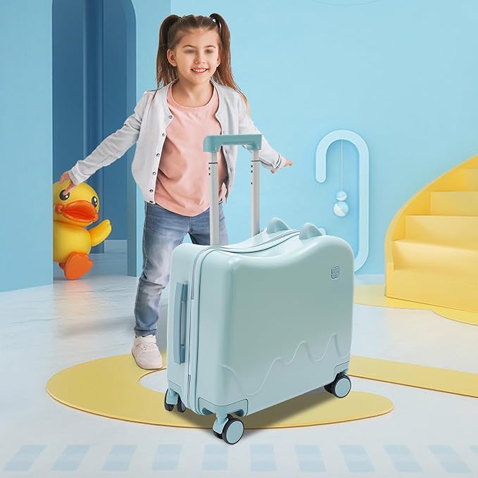 18" Kids Carry On Luggage, Ride-On Kids' Suitcase with Double Spinner Wheels, Cute Lightweight Tow-Along Luggage with Password Lock, Children's Trolly Case for Travel Study Tours (Sky Blue)