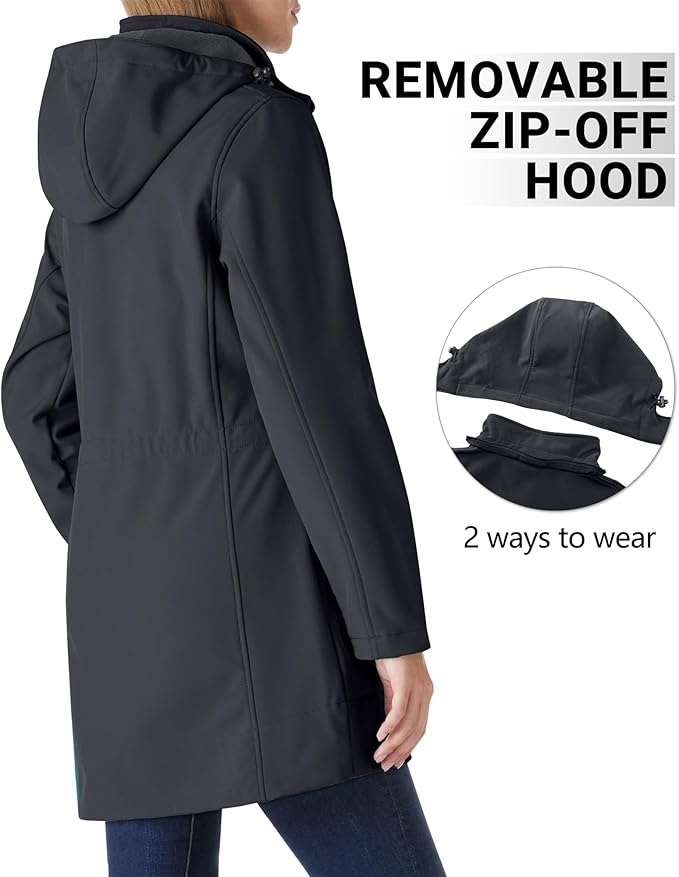 Outdoor Ventures Women's Softshell Jacket with Removable Hood Fleece Lined Windbreaker Insulated Long Warm Rain Jacket