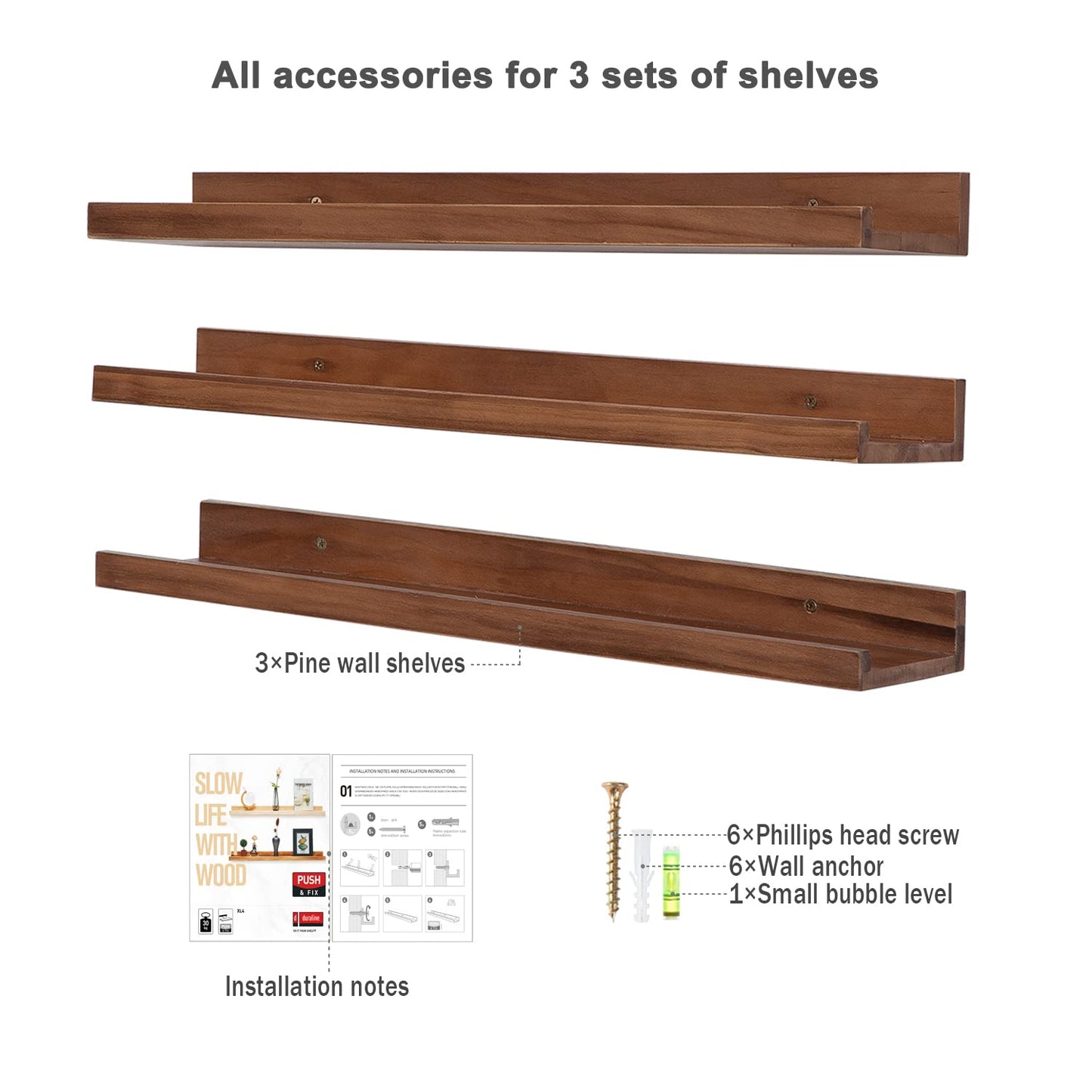 AZSKY Floating Photo Shelves Fair Light Walnut 24 Inch Picture Ledge for Storage Wall Book Shelves Hanging Picture Photo Frame Ledge Shelves with Lip a Set of 3 Same Sizes Kitchen Spice Rack