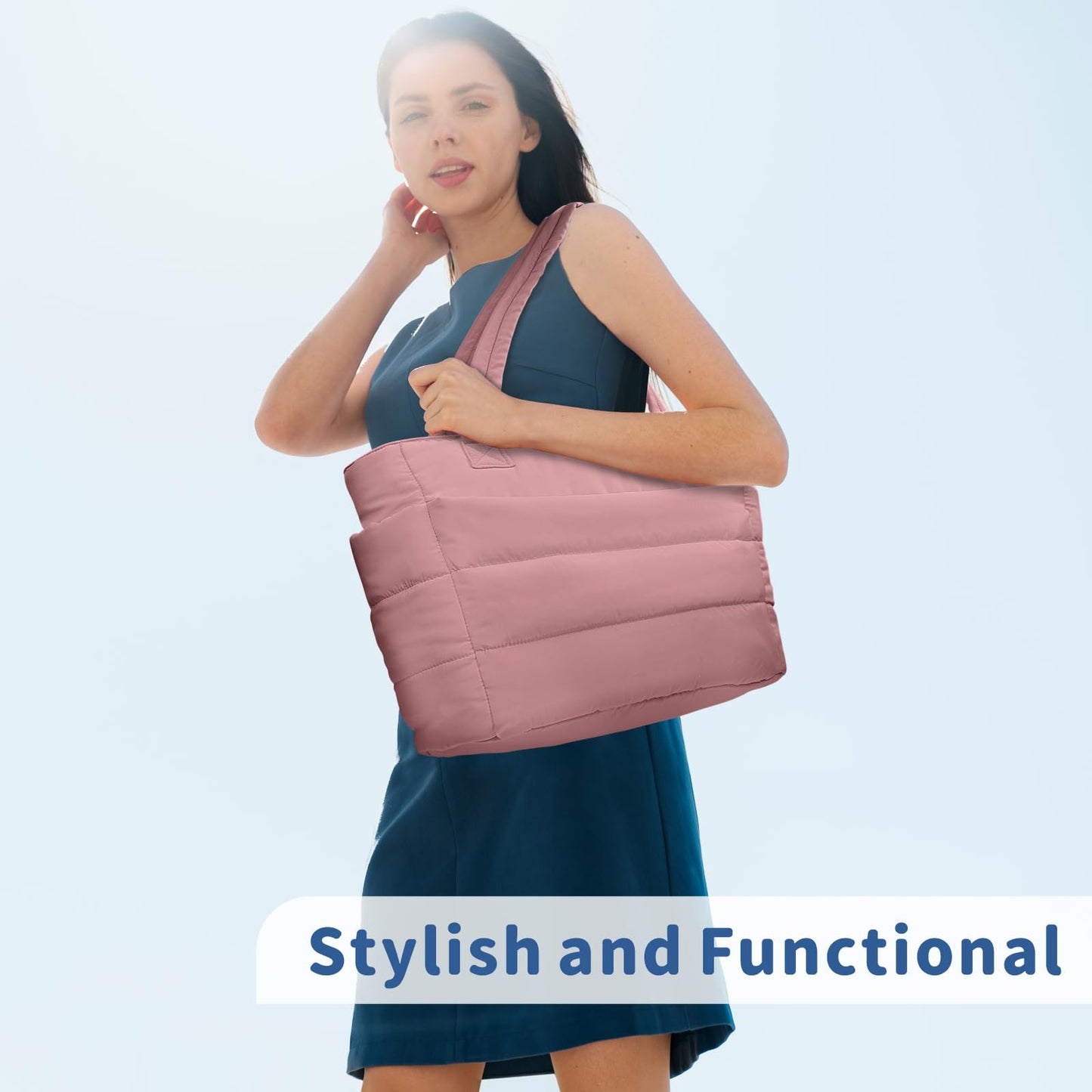 TOPDesign Puffer Tote Bag for Women, Lightweight Puffy Handbag with Compartments & Cosmetic Bag, Quilted Shoulder Bags for Work, Travel, Gym, Gifting (M Dark Pink)