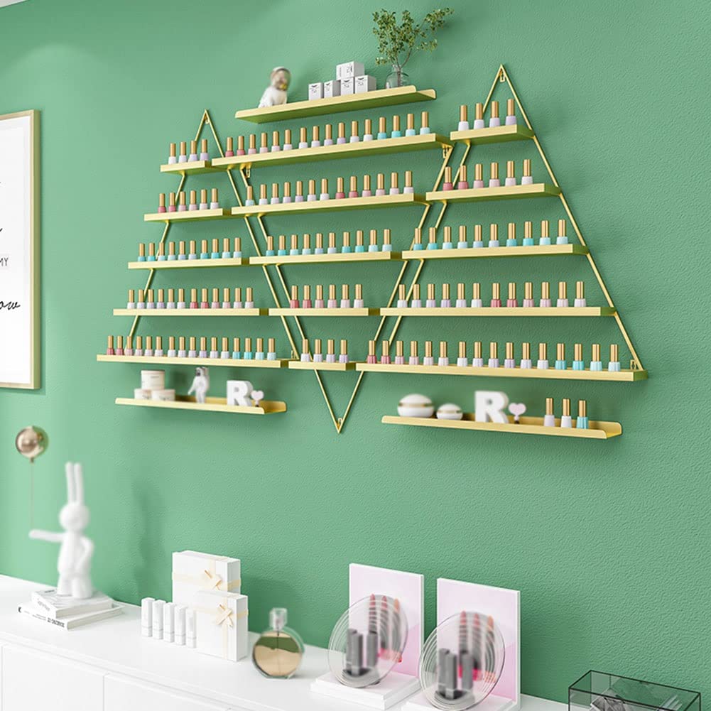 LXSEHN Metal Wall Mounted Nail Polish Rack, 6 Sets Triangular Cosmetic Display Racks, Essential Oil Bottles Shelf Organizer, Gold Storage Lipstick Perfume Holder for Spa Nail Salon Shop Home