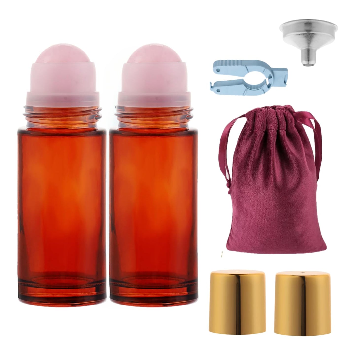 Roller Ball Applicator,Rose Quartz Roller Bottle,50ml Refillable Amber Glass Roll On Bottles with Natural Crystal Roller Balls,Leak-Proof Travel Perfume Bottle with Gold Caps (2Pink)