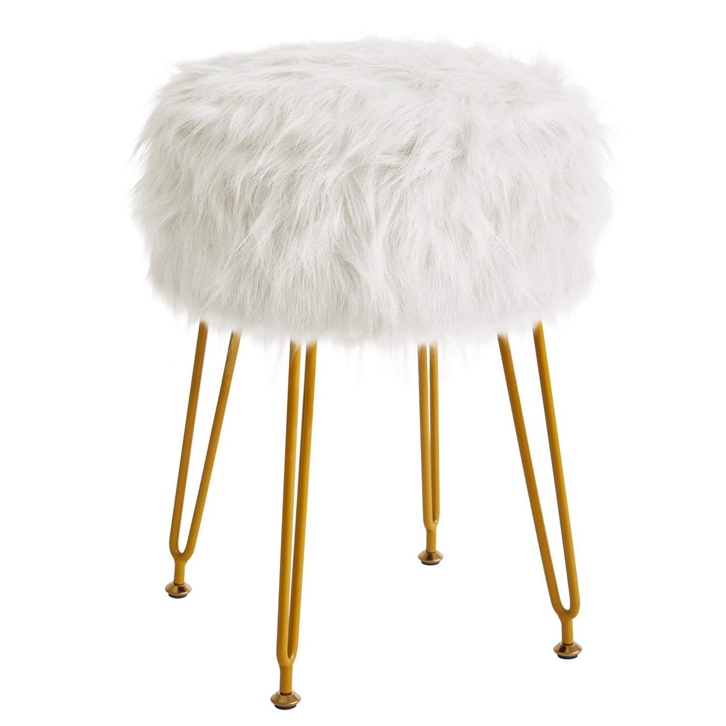 IBUYKE Round Faux Fur Vanity Stool with Storage, Furry Makeup Chair Ottoman, Soft Padded Seat, Round Footrest Footstools with 4 Metal Legs, for Living Room Bedroom Entryway, White WBD021W