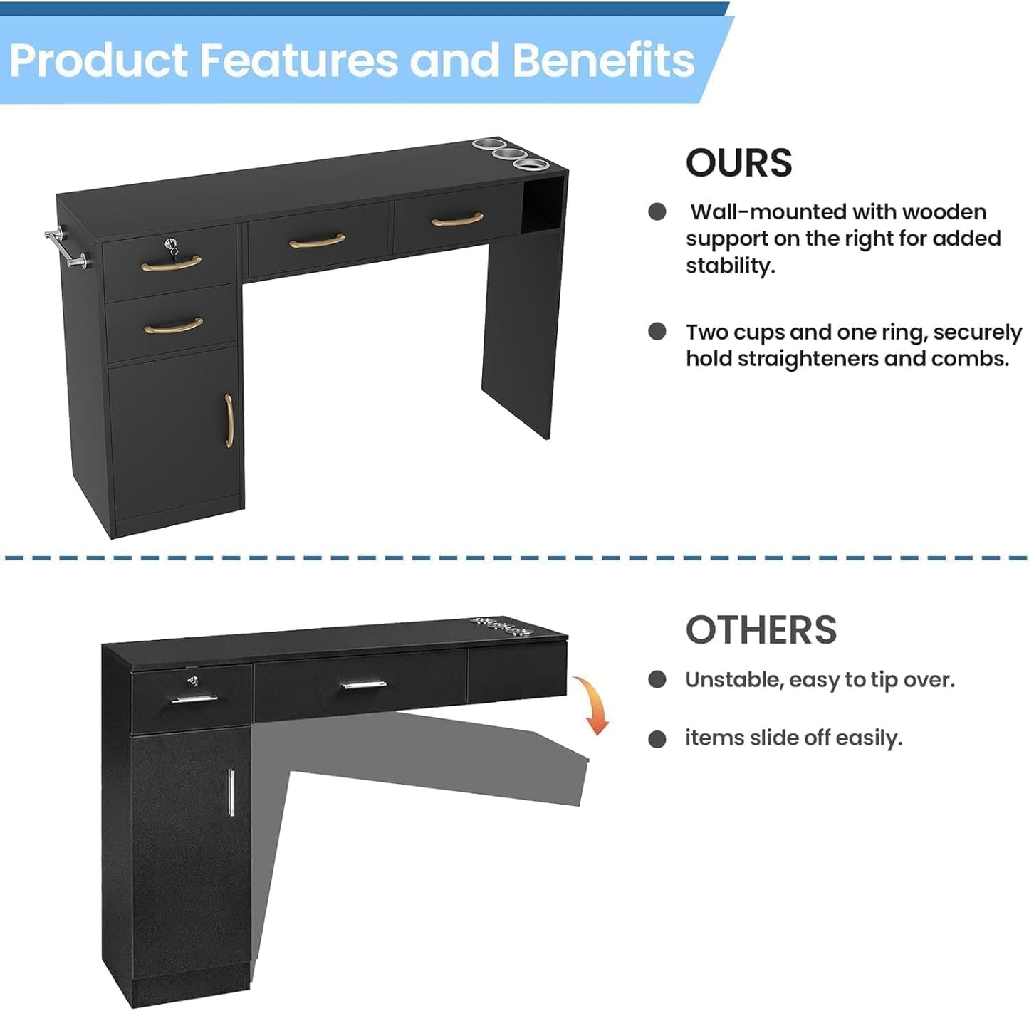 GOFEI Black Professional Salon Station with 4 Drawers & Blow Dryer Holder – Multi-Functional Barber Workstation & Vanity Cabinet for Hair Salons, Spas, and Beauty Studios (No Mirror)