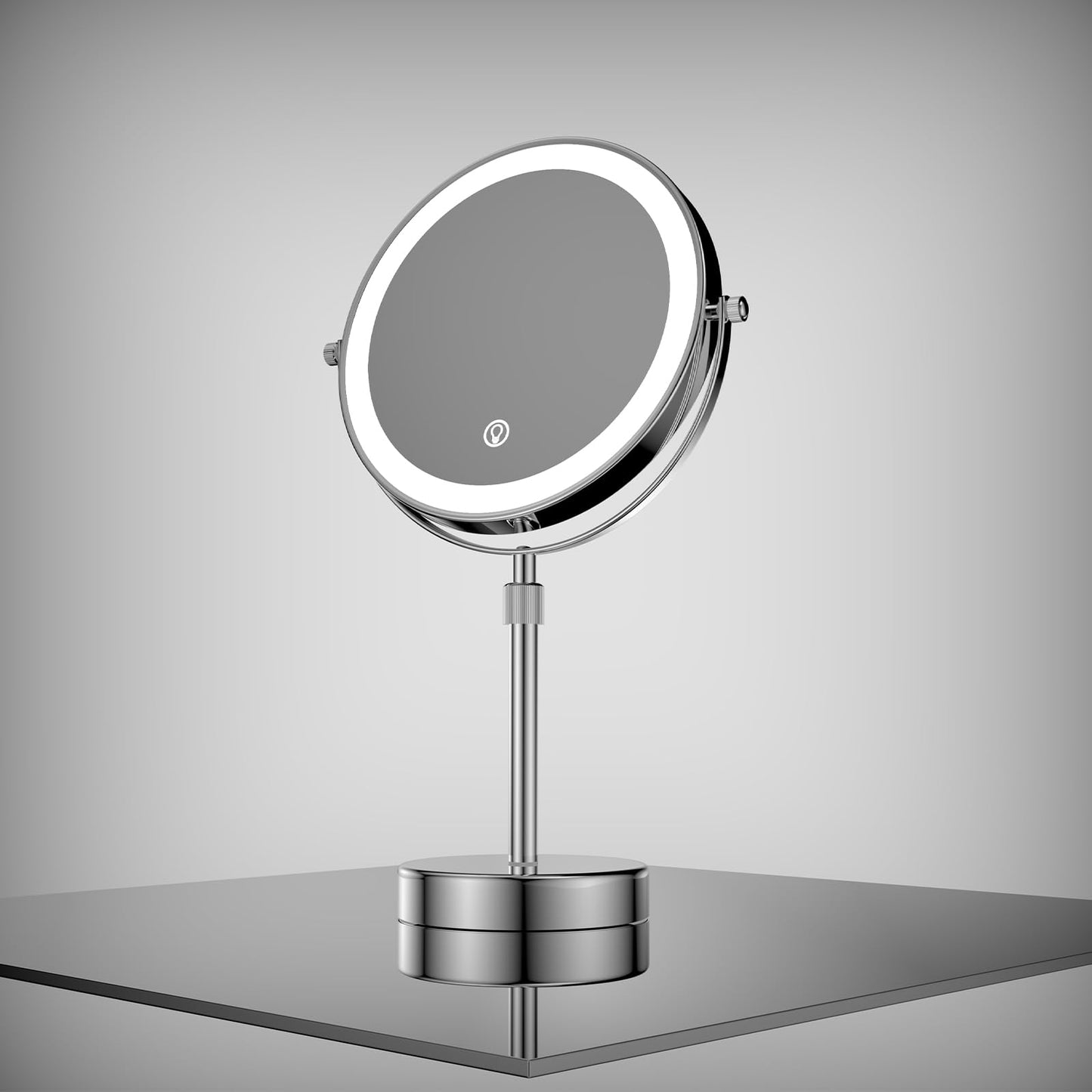 Nicesail LED Lighted Makeup Mirror Tabletop, 10X Magnifying Mirror with 3 Color Lights, Brightness Adjustable Height, Light up for Desk Make up Vanity Table, Double Sided Chrome Finish (8 Inch, 10X)
