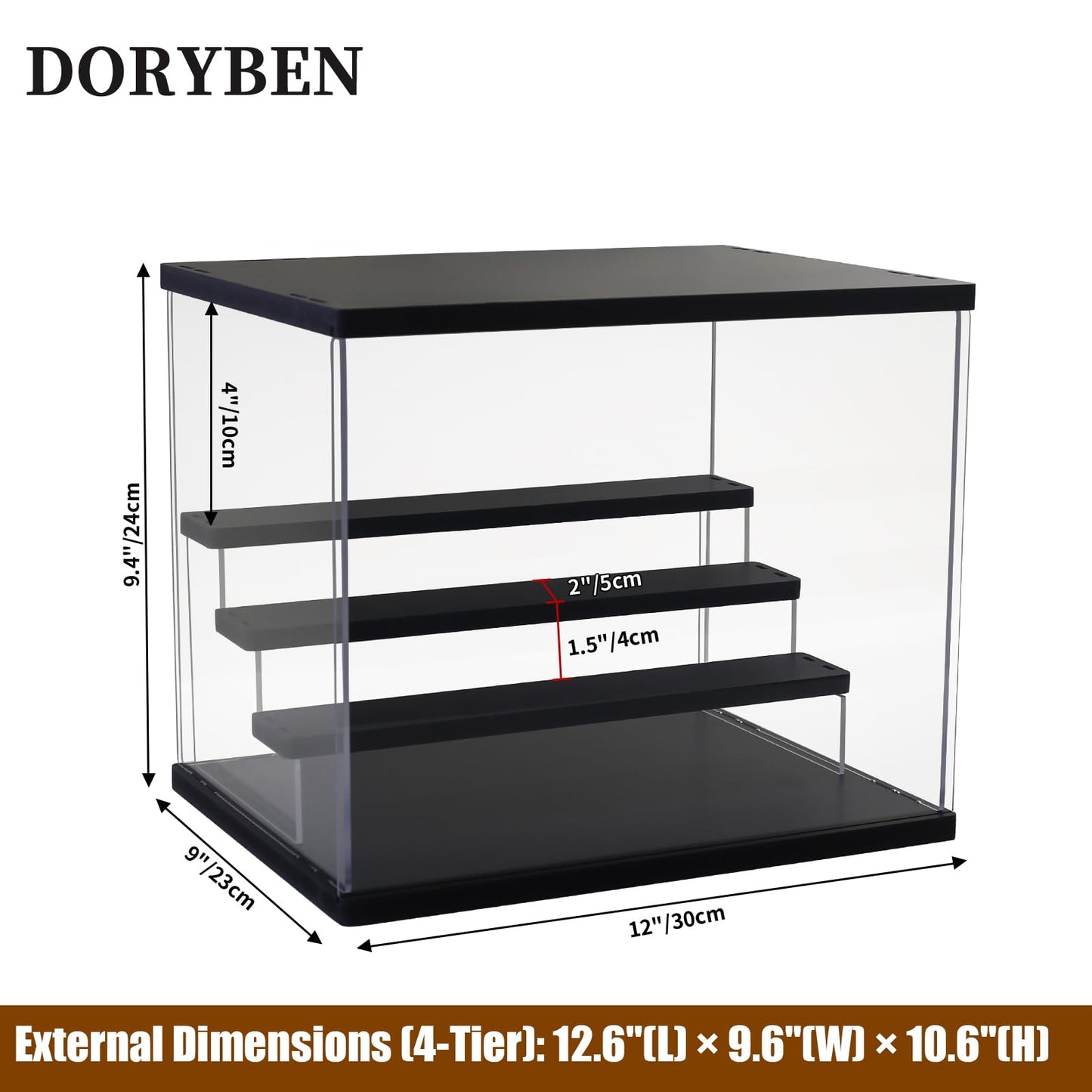 DORYBEN Acrylic Display Case with Adjustable LED Light, 4 Tier Clear Display Box Dustproof Showcase for Action Figures, Collectibles and Mini Toys, Assembly Display Cabinet(Black 12.5×9.5×10.4in)
