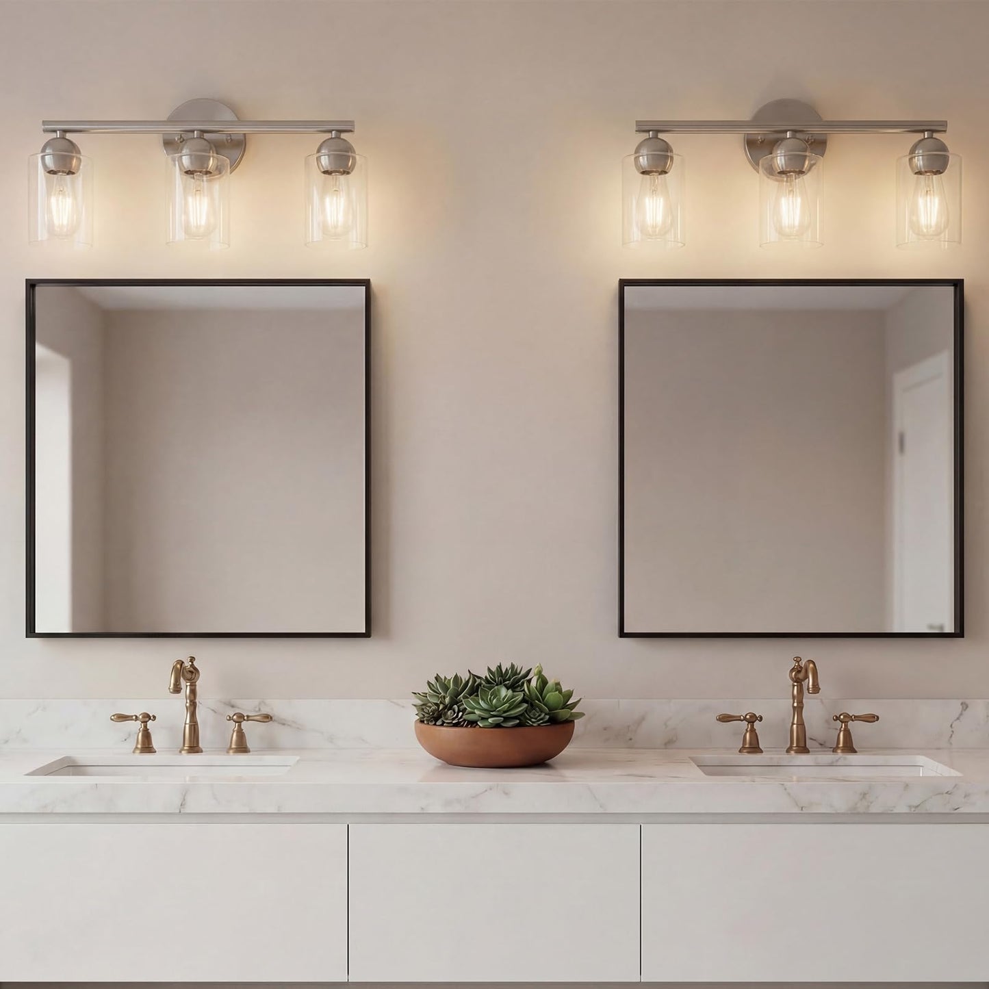 RUIGE Minimalist 3-Light Brushed Nickel Bathroom Vanity Light, Modern Silver Wall Sconce with Clear Glass Shades, Sleek Bathroom Lighting for Bedroom, Hallway YG3L-BN (Bulbs Not Included)