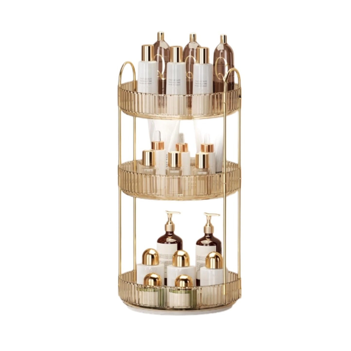 SiiMMM 360° Rotating Makeup Organizer for Vanity - 3 Tier Perfume Organizer with Large Capacity - Skincare Organizer for Bathroom Counter - Space-Saving Cosmetic Storage for Dresser Countertop (Gold)