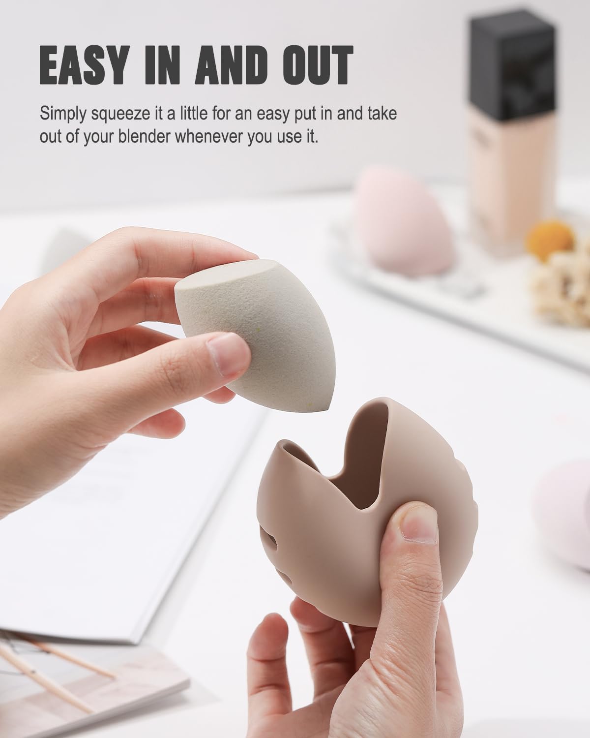 FERYES Makeup Sponge Holder – Shatterproof Eco-Friendly Silicone Beauty Make Up Blender Case for Travel - Khaki