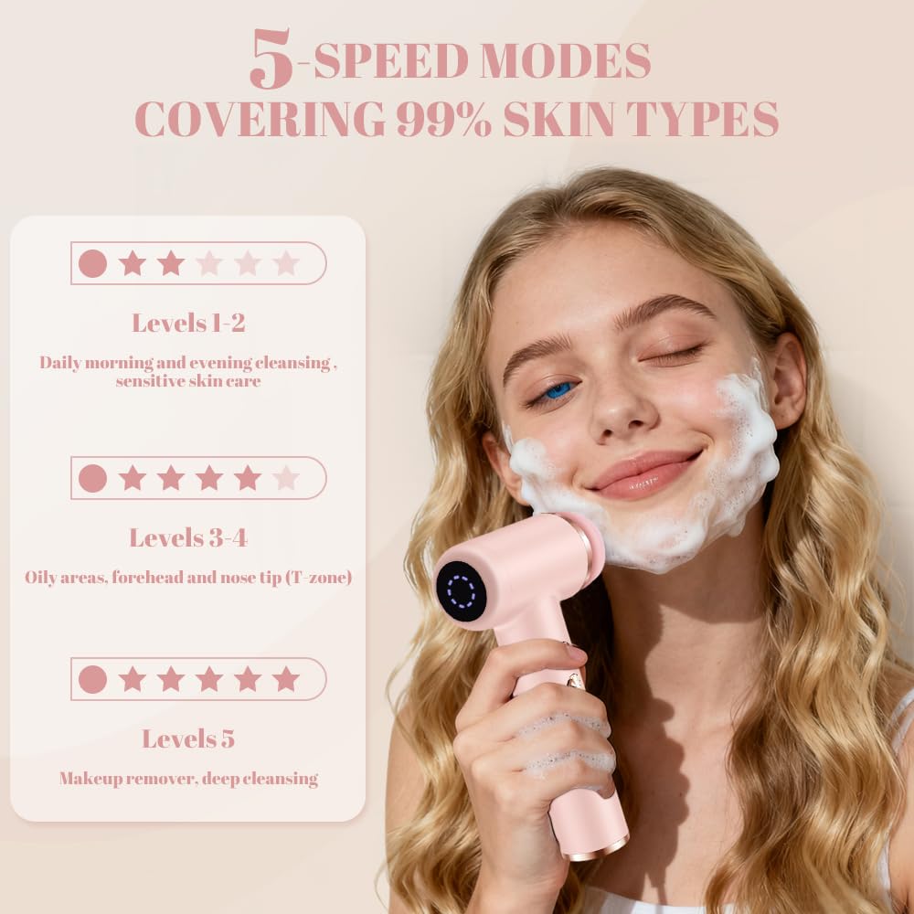 Dexmary Facial Cleansing Brush, 5 Speeds Adjustable Facial Brush, Waterproof & Rechargeable Face Scrubber Exfoliator with 4 Brush Heads for Women, Pink