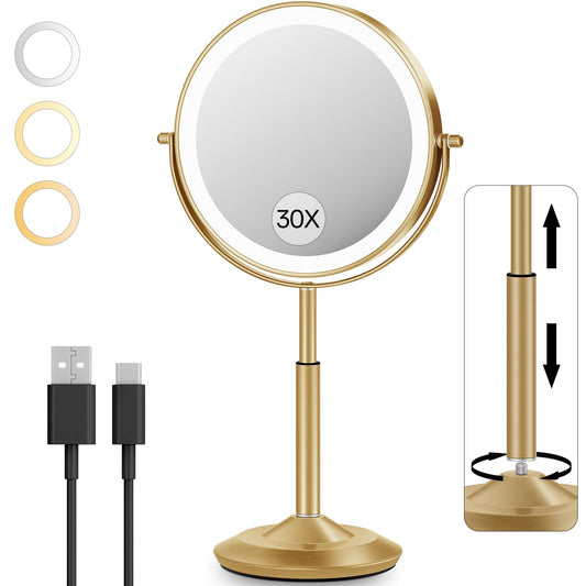VFD 30X/1X Makeup Mirror with Lights, Height Adjustable Lighted Magnifying Vanity Mirror with 3 Lighting and Adjustable Brightness, 3000mAh Rechargeable Double Sided