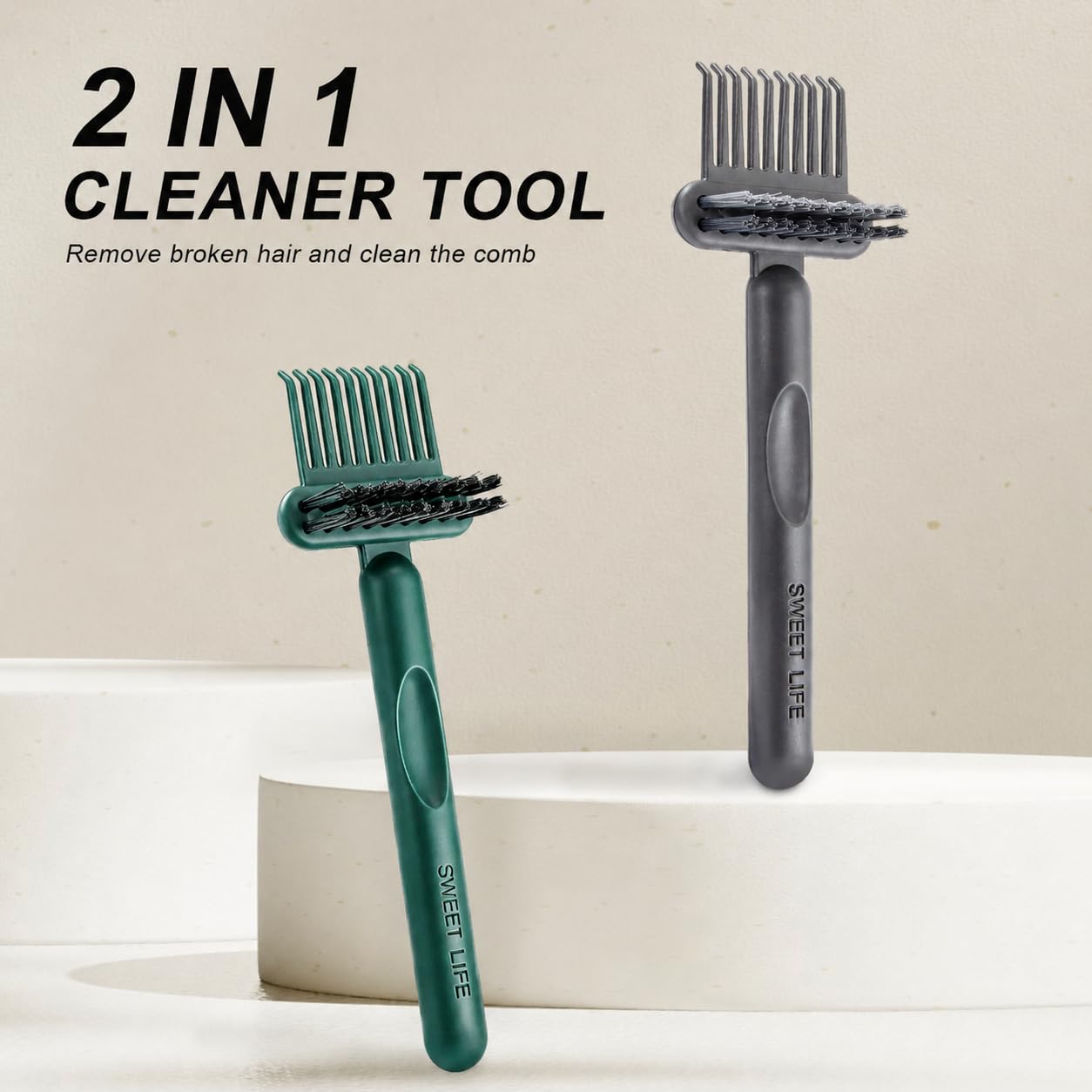 Jurrissa 2 Pack Hair Brush Cleaning Tool, 2-in-1 Cleaner Tool, Portable Cleaning Tool Set for Brush Comb Keyboard, Remover Rake for Removing Hair Dust, Home and Salon Use(Green&Grey)
