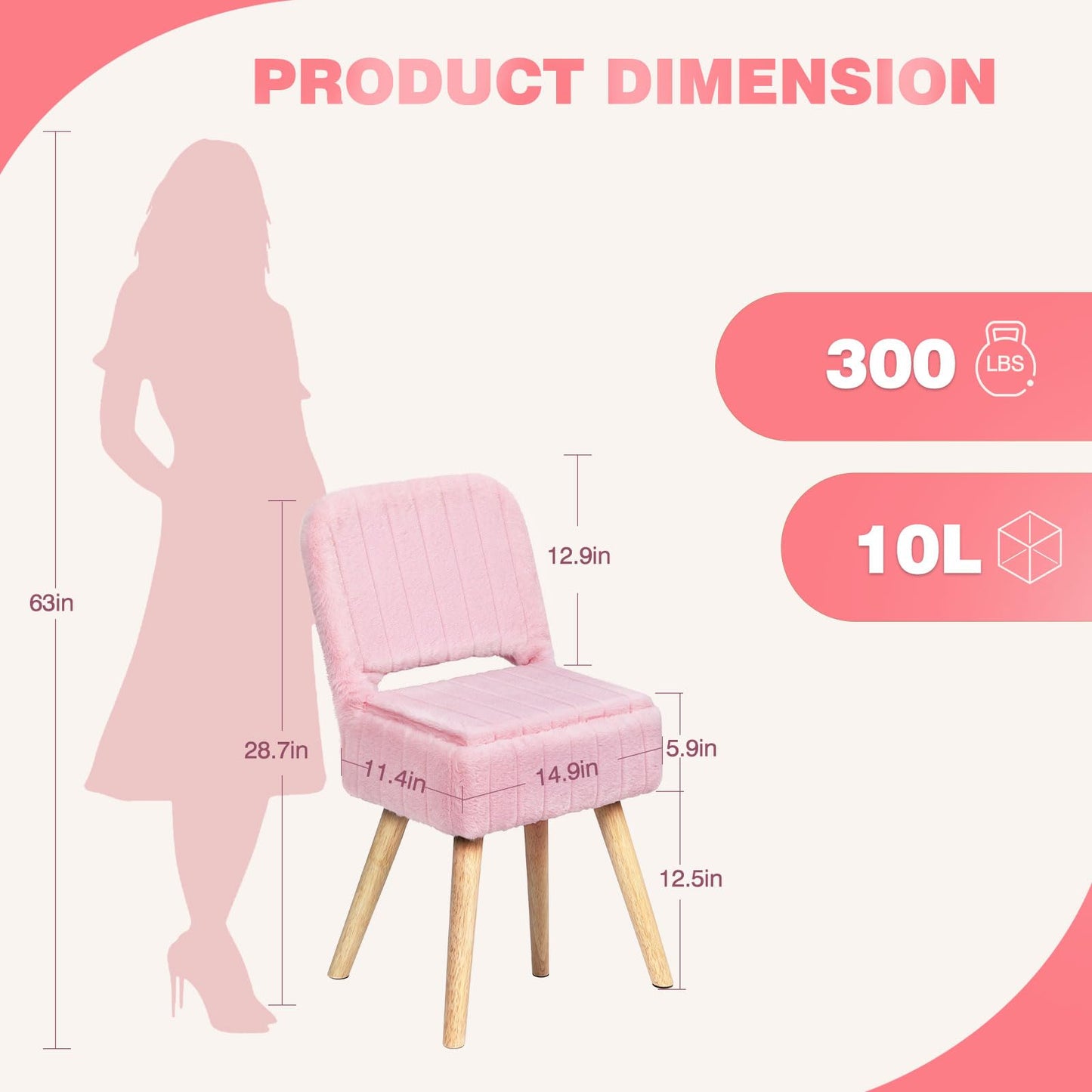 KANEODOT Vanity Stool with Storage & Folding Backrest,Faux Rabbit Fur Small Makeup Chair with 4 Solid Wood Legs,11.4" D x 14.9" W x 28.7" H,Soft Ottoman for Living Room,Bedroom,Closet,Pink